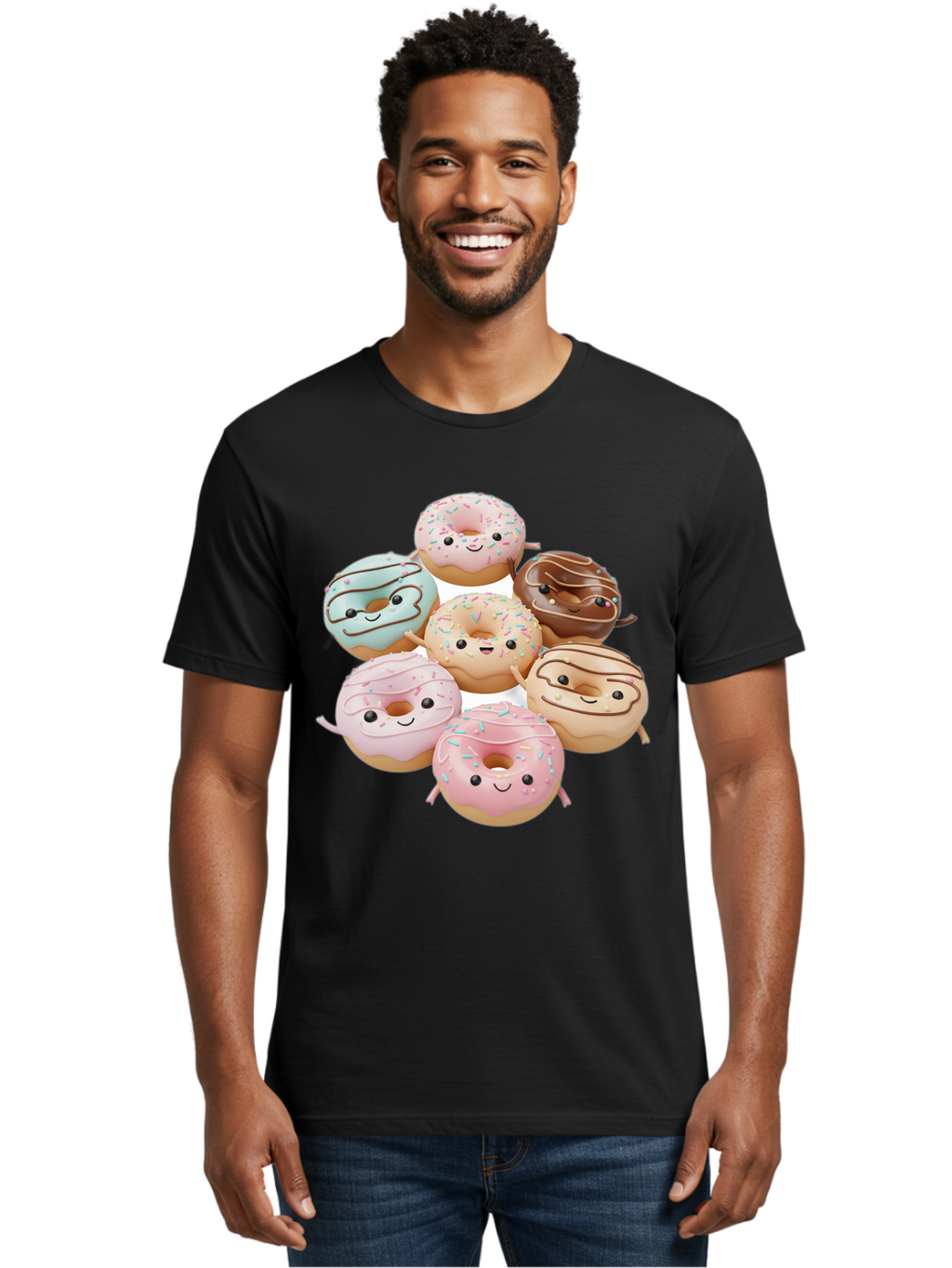 Donut-Friends Men'S Graphic Tee, 100% Cotton, Comfortable Casual Summer Wear, Machine Washable, Donuts With Faces, Adorable Donuts, Cartoon Donuts, Anthropomorphic Donuts, Plush Donuts, Donut Soft Toys, Colorful Donuts, Chocolate Donuts, Baa507