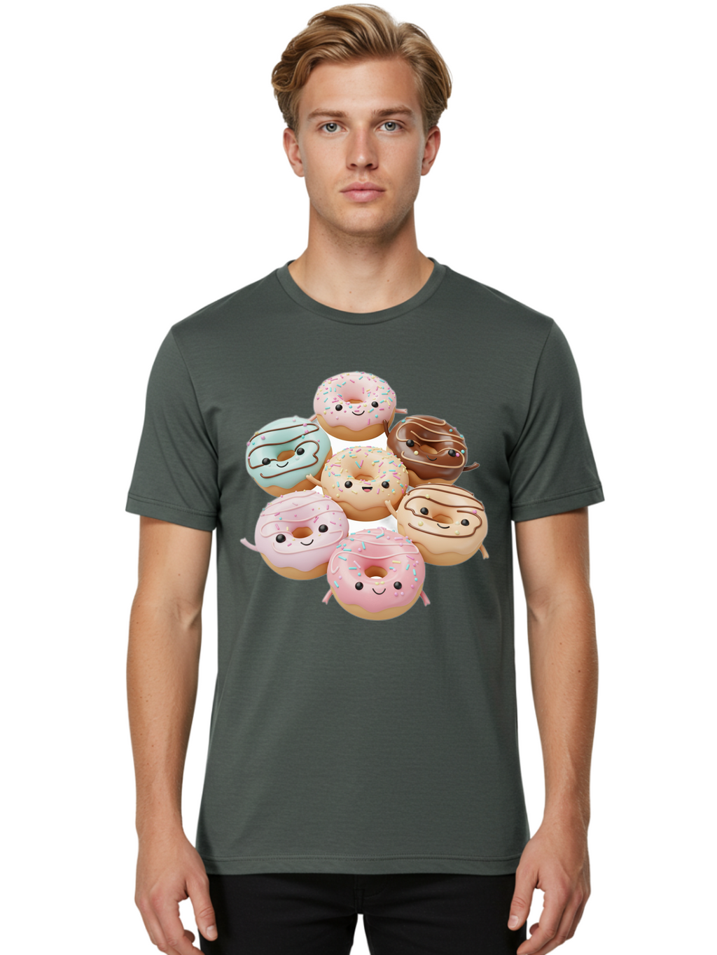 Donut-Friends Men'S Graphic Tee, 100% Cotton, Comfortable Casual Summer Wear, Machine Washable, Donuts With Faces, Adorable Donuts, Cartoon Donuts, Anthropomorphic Donuts, Plush Donuts, Donut Soft Toys, Colorful Donuts, Chocolate Donuts, Baa507
