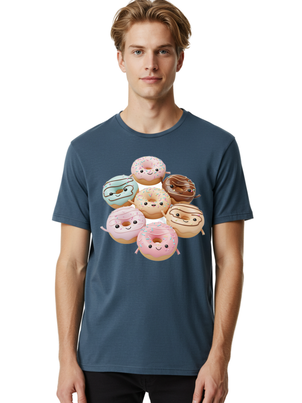 Donut-Friends Men'S Graphic Tee, 100% Cotton, Comfortable Casual Summer Wear, Machine Washable, Donuts With Faces, Adorable Donuts, Cartoon Donuts, Anthropomorphic Donuts, Plush Donuts, Donut Soft Toys, Colorful Donuts, Chocolate Donuts, Baa507