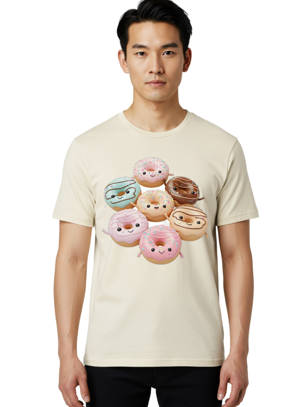 Donut-Friends Men'S Graphic Tee, 100% Cotton, Comfortable Casual Summer Wear, Machine Washable, Donuts With Faces, Adorable Donuts, Cartoon Donuts, Anthropomorphic Donuts, Plush Donuts, Donut Soft Toys, Colorful Donuts, Chocolate Donuts, Baa507