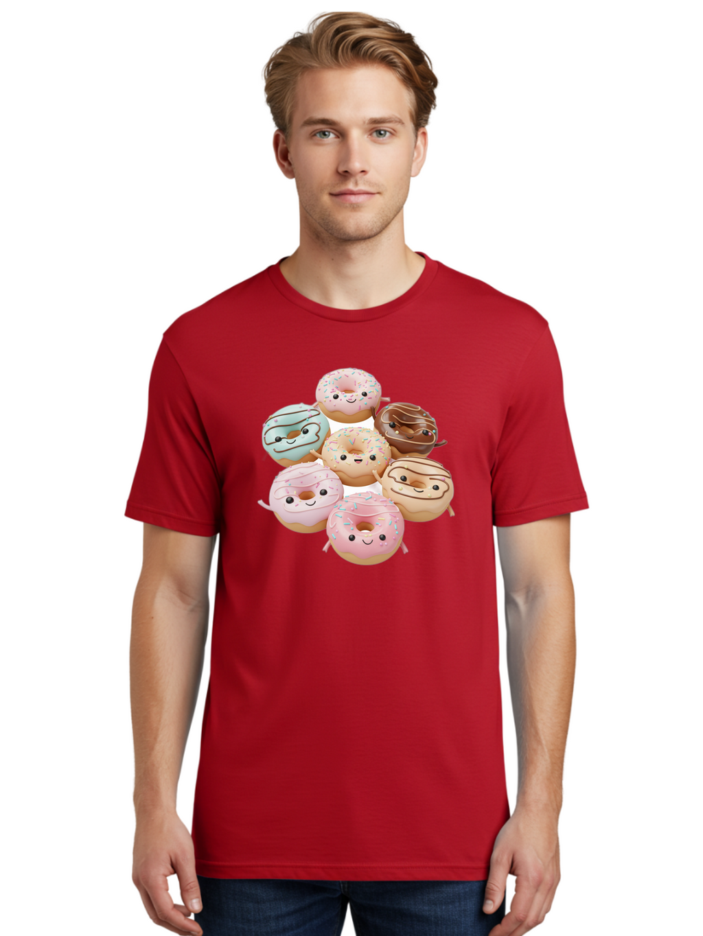 Donut-Friends Men'S Graphic Tee, 100% Cotton, Comfortable Casual Summer Wear, Machine Washable, Donuts With Faces, Adorable Donuts, Cartoon Donuts, Anthropomorphic Donuts, Plush Donuts, Donut Soft Toys, Colorful Donuts, Chocolate Donuts, Baa507