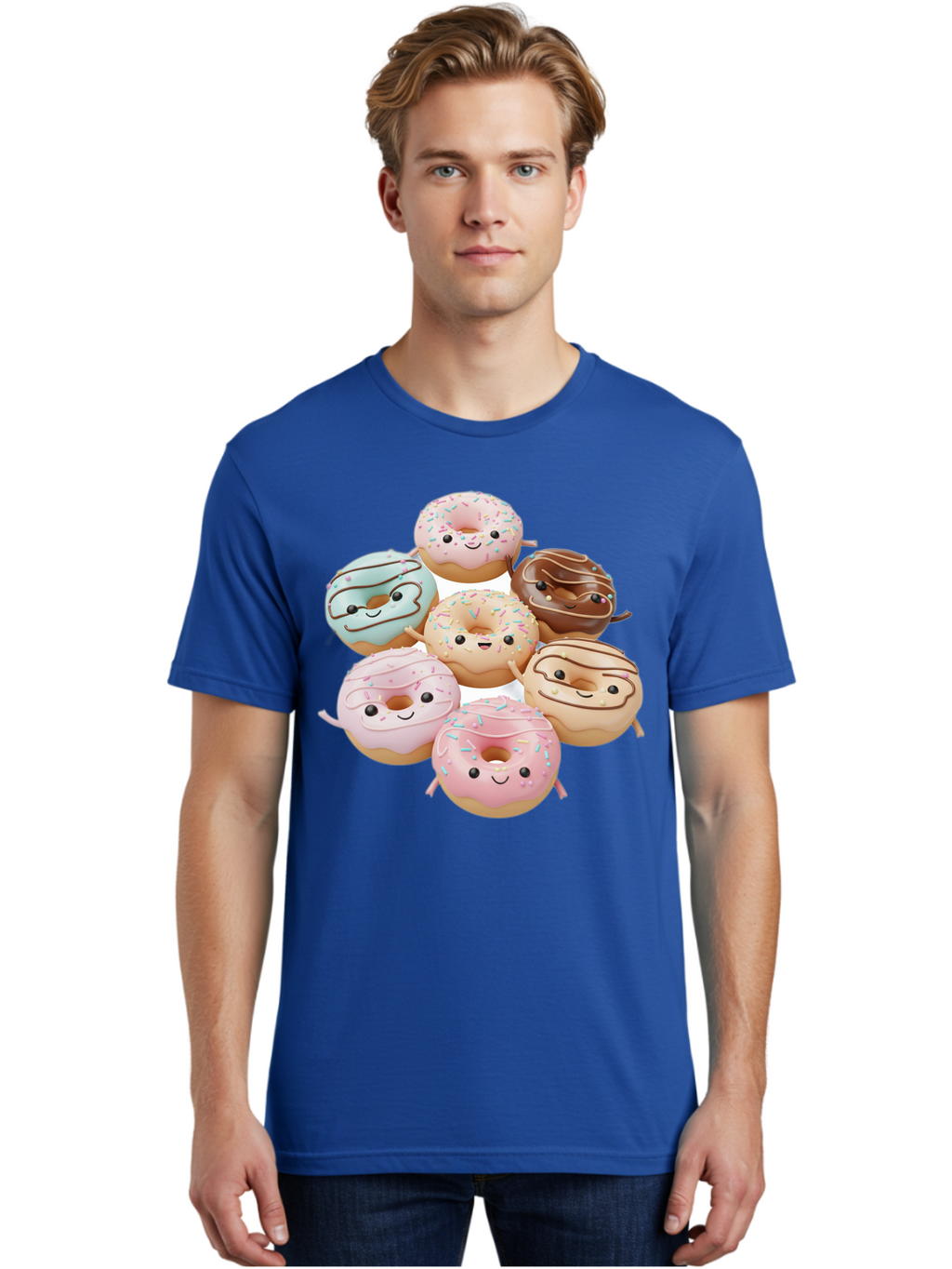 Donut-Friends Men'S Graphic Tee, 100% Cotton, Comfortable Casual Summer Wear, Machine Washable, Donuts With Faces, Adorable Donuts, Cartoon Donuts, Anthropomorphic Donuts, Plush Donuts, Donut Soft Toys, Colorful Donuts, Chocolate Donuts, Baa507