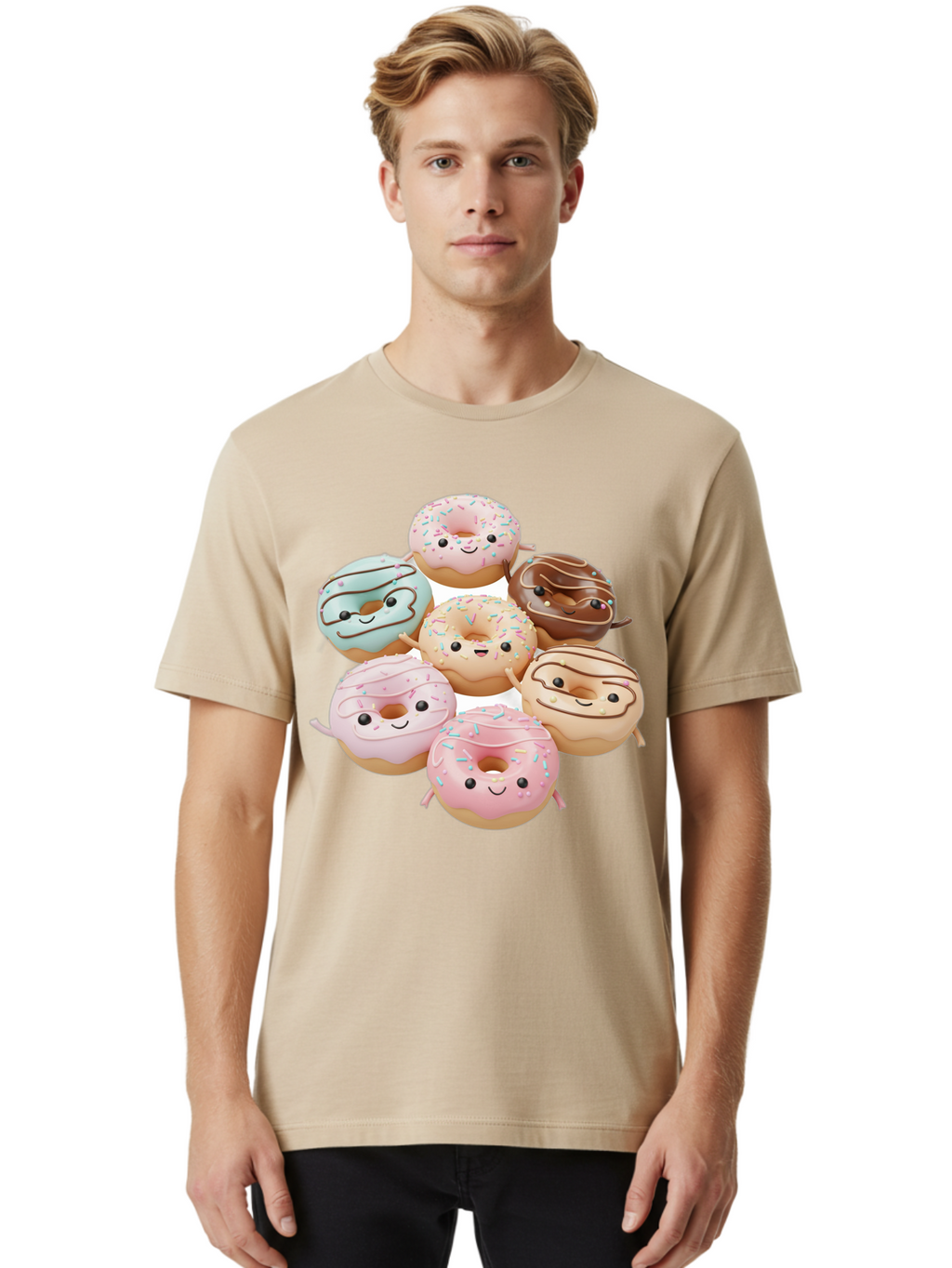 Donut-Friends Men'S Graphic Tee, 100% Cotton, Comfortable Casual Summer Wear, Machine Washable, Donuts With Faces, Adorable Donuts, Cartoon Donuts, Anthropomorphic Donuts, Plush Donuts, Donut Soft Toys, Colorful Donuts, Chocolate Donuts, Baa507