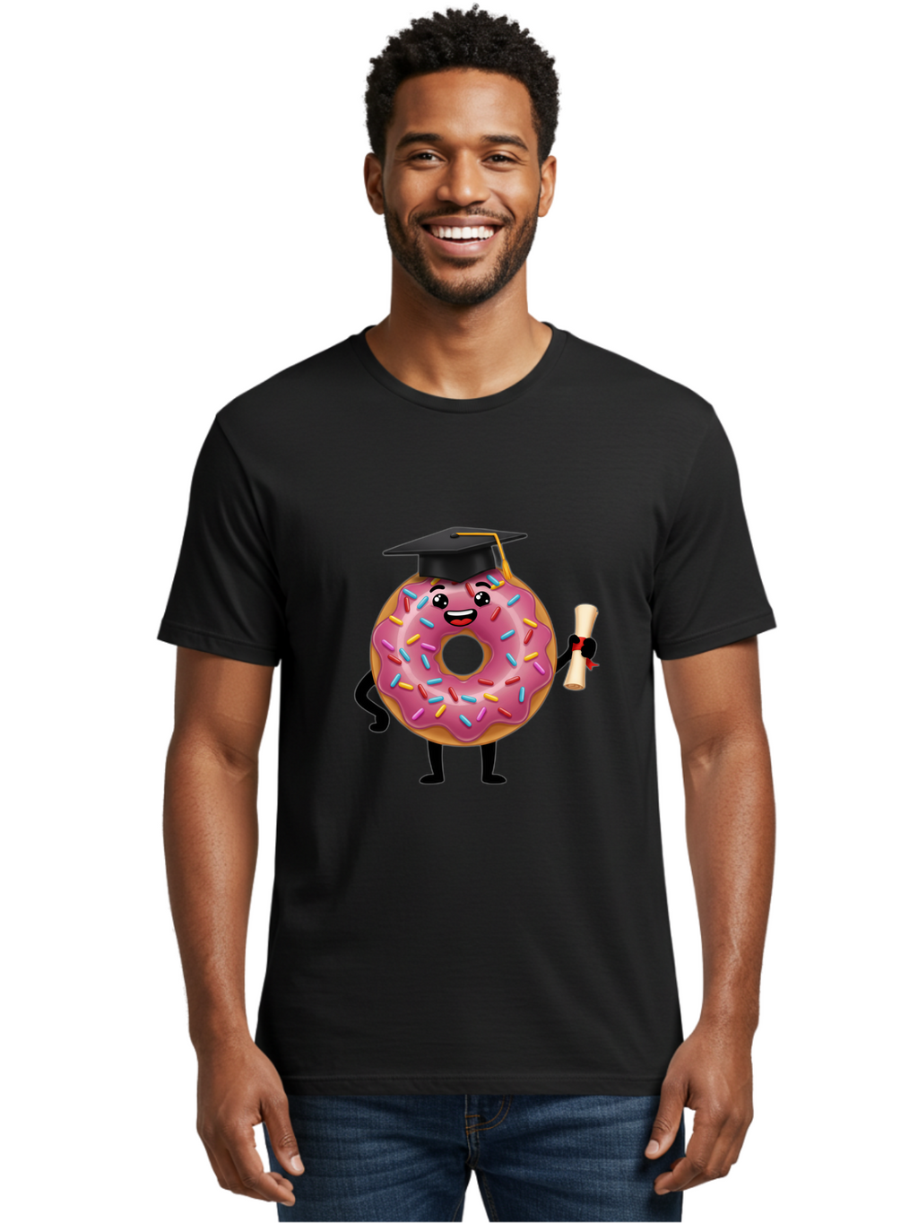 Donut-Graduate Men'S Graphic Tee, 100% Cotton, Comfortable Casual Summer Wear, Machine Washable, Pink Donut With Sprinkles, Graduation Cap, Diploma, Cartoon Character, Sweet Success, Graduation Day, Fun Illustration, Happy Graduate, Baa508