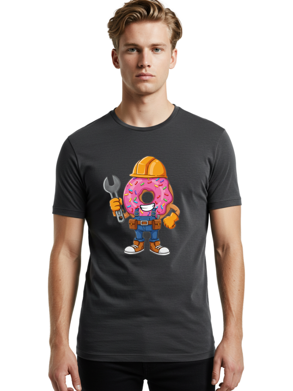 Donut-Handyman Men'S Graphic Tee, 100% Cotton, Comfortable Casual Summer Wear, Machine Washable, Pink Donut With Sprinkles, Construction Worker, Hard Hat, Wrench, Tool Belt, Blue Jeans, Work Boots, Donut Character, Tradesman, Funny Cartoon Baa509