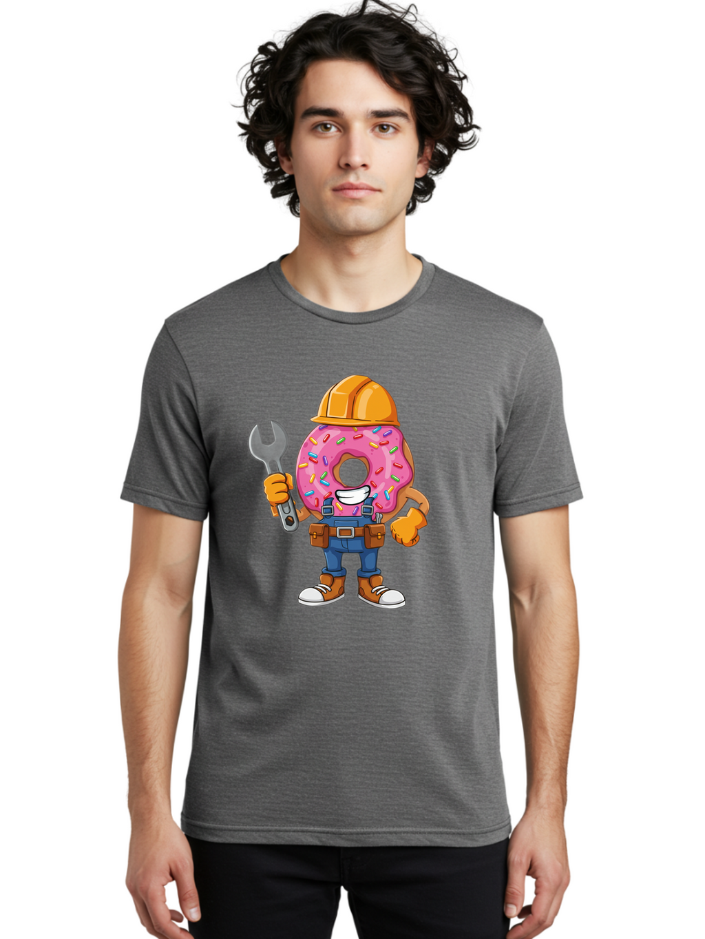Donut-Handyman Men'S Graphic Tee, 100% Cotton, Comfortable Casual Summer Wear, Machine Washable, Pink Donut With Sprinkles, Construction Worker, Hard Hat, Wrench, Tool Belt, Blue Jeans, Work Boots, Donut Character, Tradesman, Funny Cartoon Baa509
