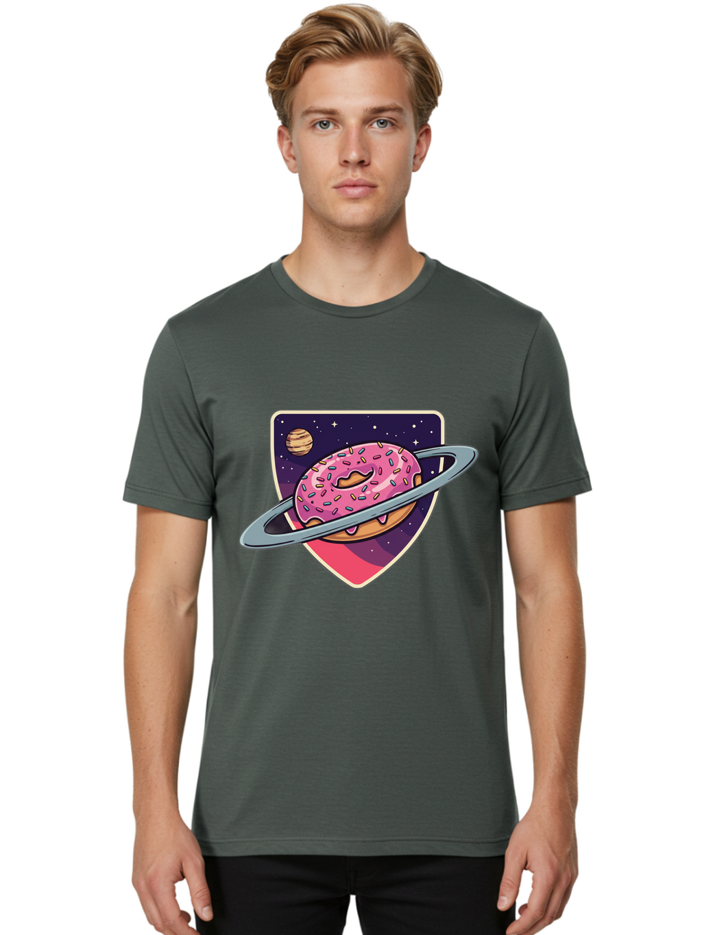 Donut-Planet Men'S Graphic Tee, 100% Cotton, Comfortable Casual Summer Wear, Machine Washable, Donut Saturn, Pink Frosted Donut, Sprinkles, Ringed Donut, Planet, Stars, Purple Shield, Whimsical, Fantastical, Surreal, Dessert Art, Sweet Treats, Baa510