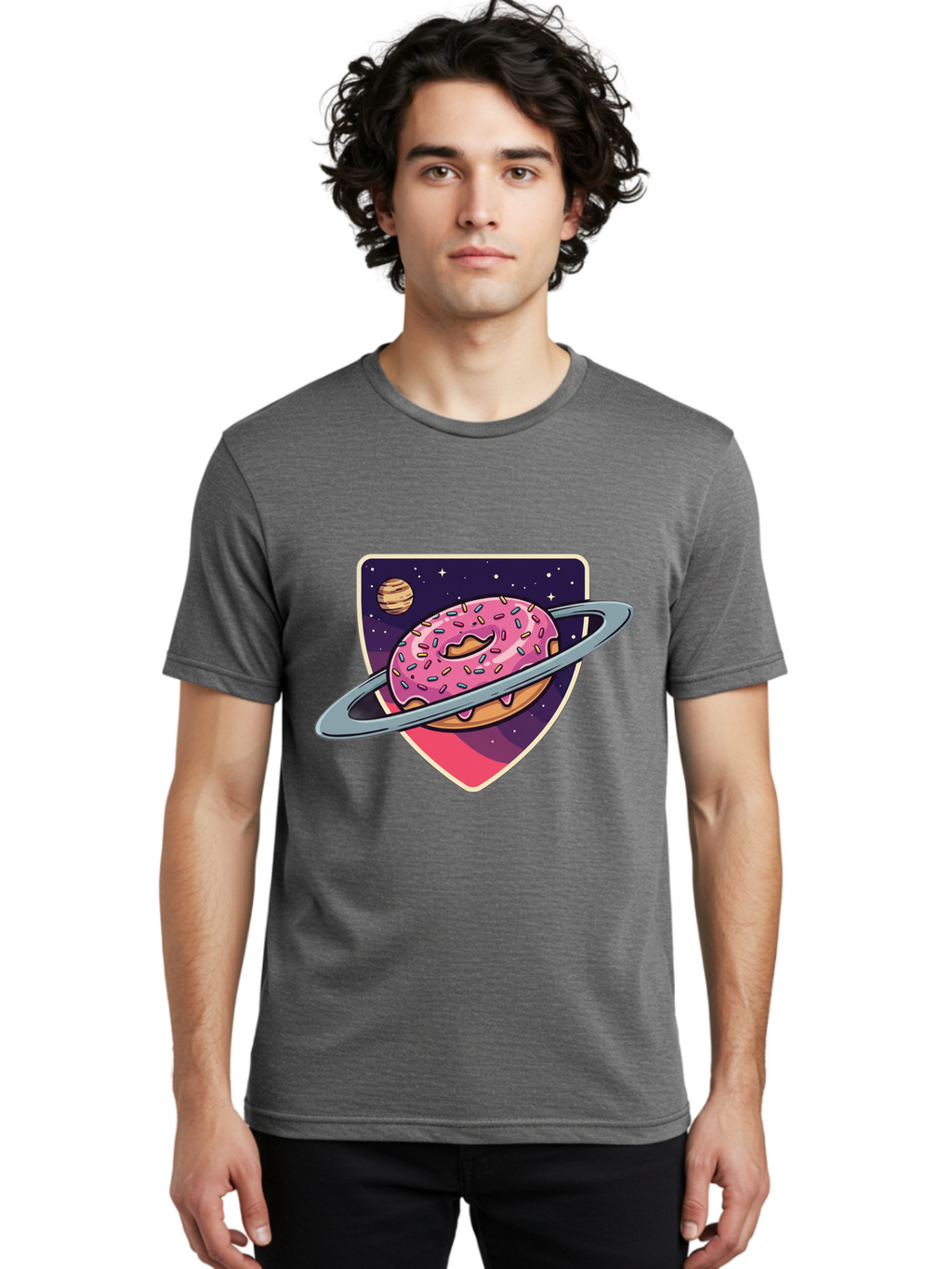 Donut-Planet Men'S Graphic Tee, 100% Cotton, Comfortable Casual Summer Wear, Machine Washable, Donut Saturn, Pink Frosted Donut, Sprinkles, Ringed Donut, Planet, Stars, Purple Shield, Whimsical, Fantastical, Surreal, Dessert Art, Sweet Treats, Baa510
