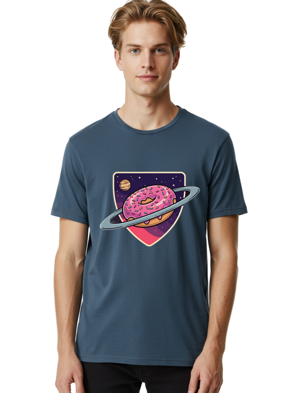 Donut-Planet Men'S Graphic Tee, 100% Cotton, Comfortable Casual Summer Wear, Machine Washable, Donut Saturn, Pink Frosted Donut, Sprinkles, Ringed Donut, Planet, Stars, Purple Shield, Whimsical, Fantastical, Surreal, Dessert Art, Sweet Treats, Baa510