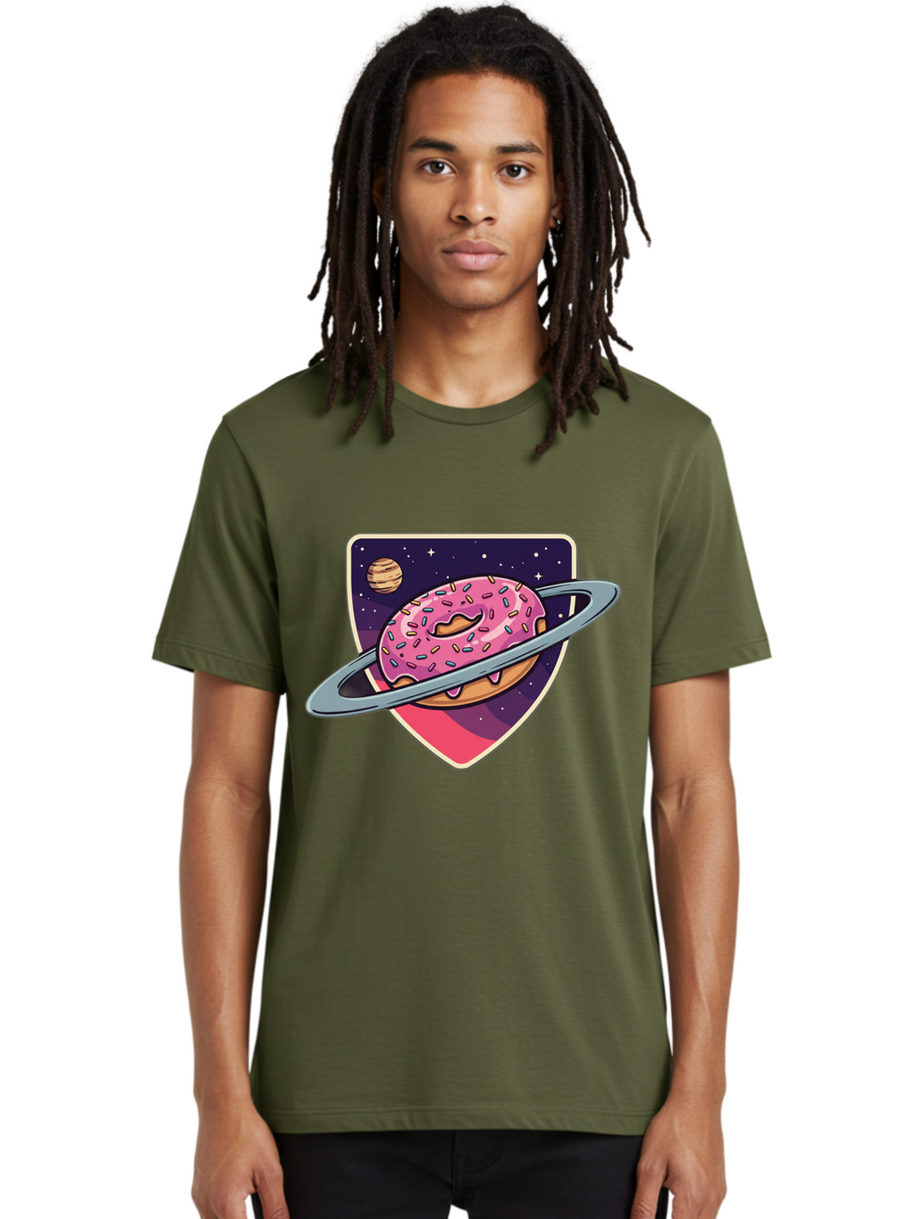 Donut-Planet Men'S Graphic Tee, 100% Cotton, Comfortable Casual Summer Wear, Machine Washable, Donut Saturn, Pink Frosted Donut, Sprinkles, Ringed Donut, Planet, Stars, Purple Shield, Whimsical, Fantastical, Surreal, Dessert Art, Sweet Treats, Baa510