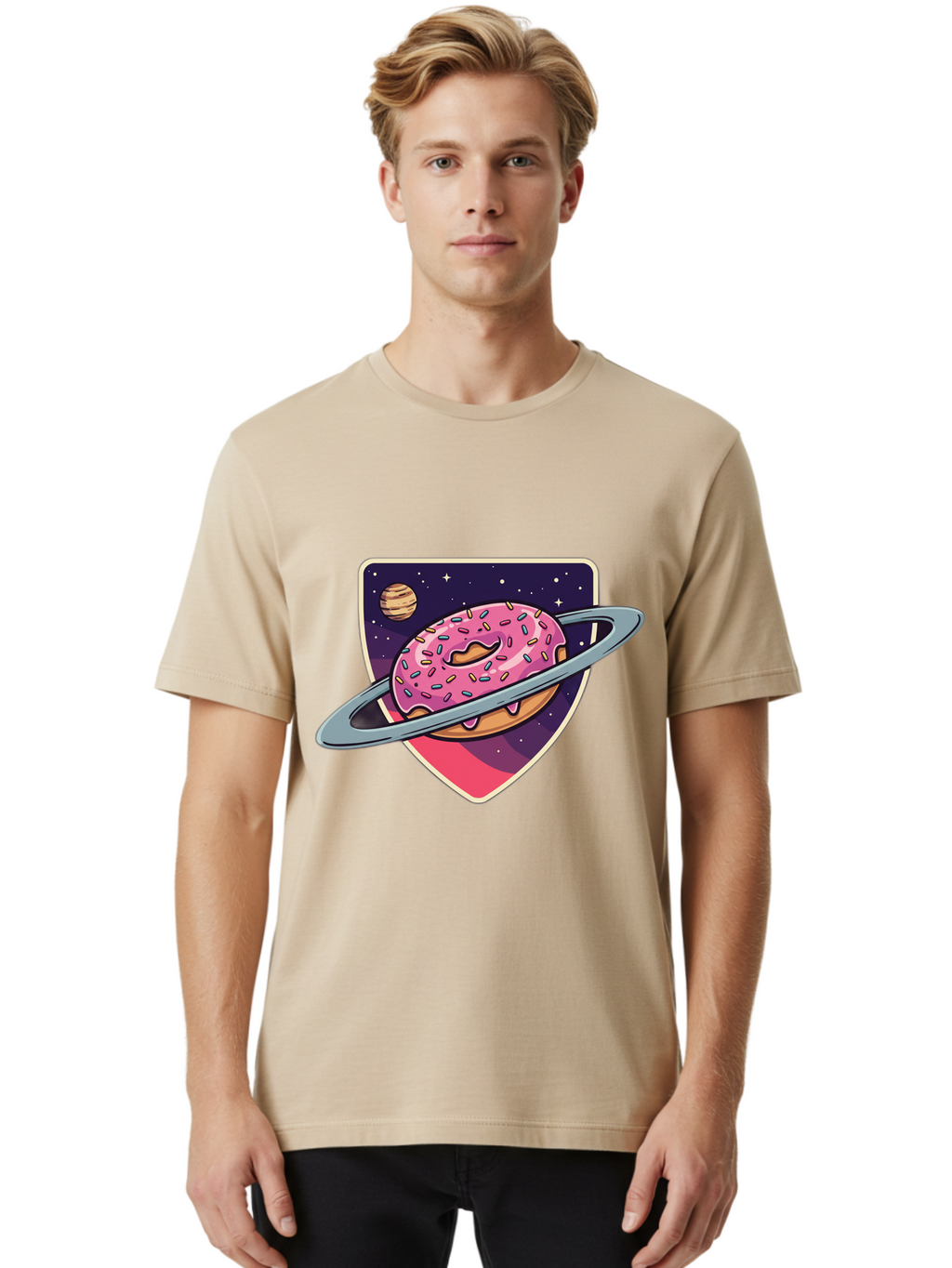 Donut-Planet Men'S Graphic Tee, 100% Cotton, Comfortable Casual Summer Wear, Machine Washable, Donut Saturn, Pink Frosted Donut, Sprinkles, Ringed Donut, Planet, Stars, Purple Shield, Whimsical, Fantastical, Surreal, Dessert Art, Sweet Treats, Baa510
