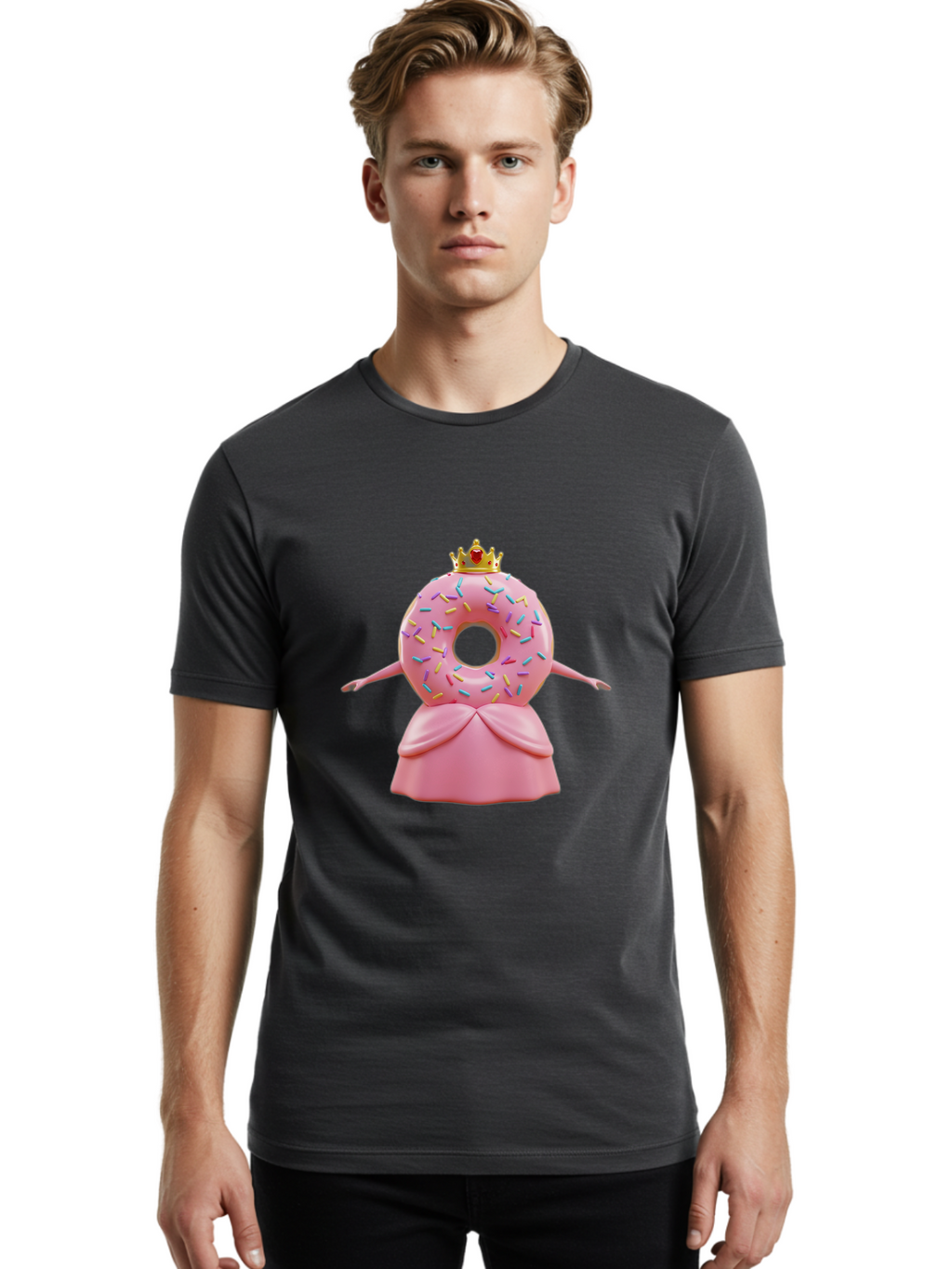 Donut-Princess Men'S Graphic Tee, 100% Cotton, Comfortable Casual Summer Wear, Machine Washable, Pink Donut With Sprinkles, Royal Crown, Princess Dress, Sweet Treat, Whimsical Character, Cartoon Style, Pastel Colors, Cute Illustration, Baa511