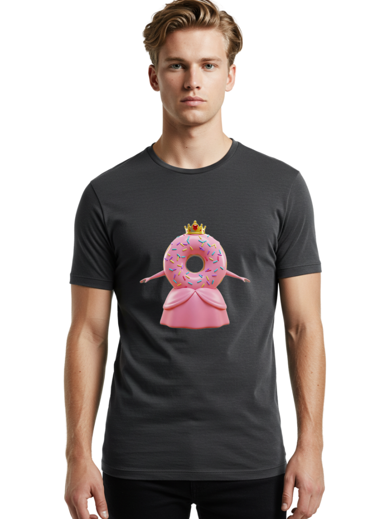 Donut-Princess Men'S Graphic Tee, 100% Cotton, Comfortable Casual Summer Wear, Machine Washable, Pink Donut With Sprinkles, Royal Crown, Princess Dress, Sweet Treat, Whimsical Character, Cartoon Style, Pastel Colors, Cute Illustration, Baa511