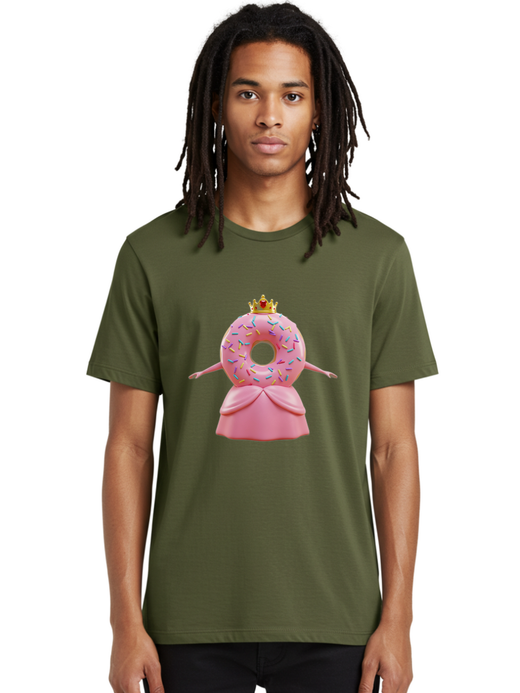 Donut-Princess Men'S Graphic Tee, 100% Cotton, Comfortable Casual Summer Wear, Machine Washable, Pink Donut With Sprinkles, Royal Crown, Princess Dress, Sweet Treat, Whimsical Character, Cartoon Style, Pastel Colors, Cute Illustration, Baa511