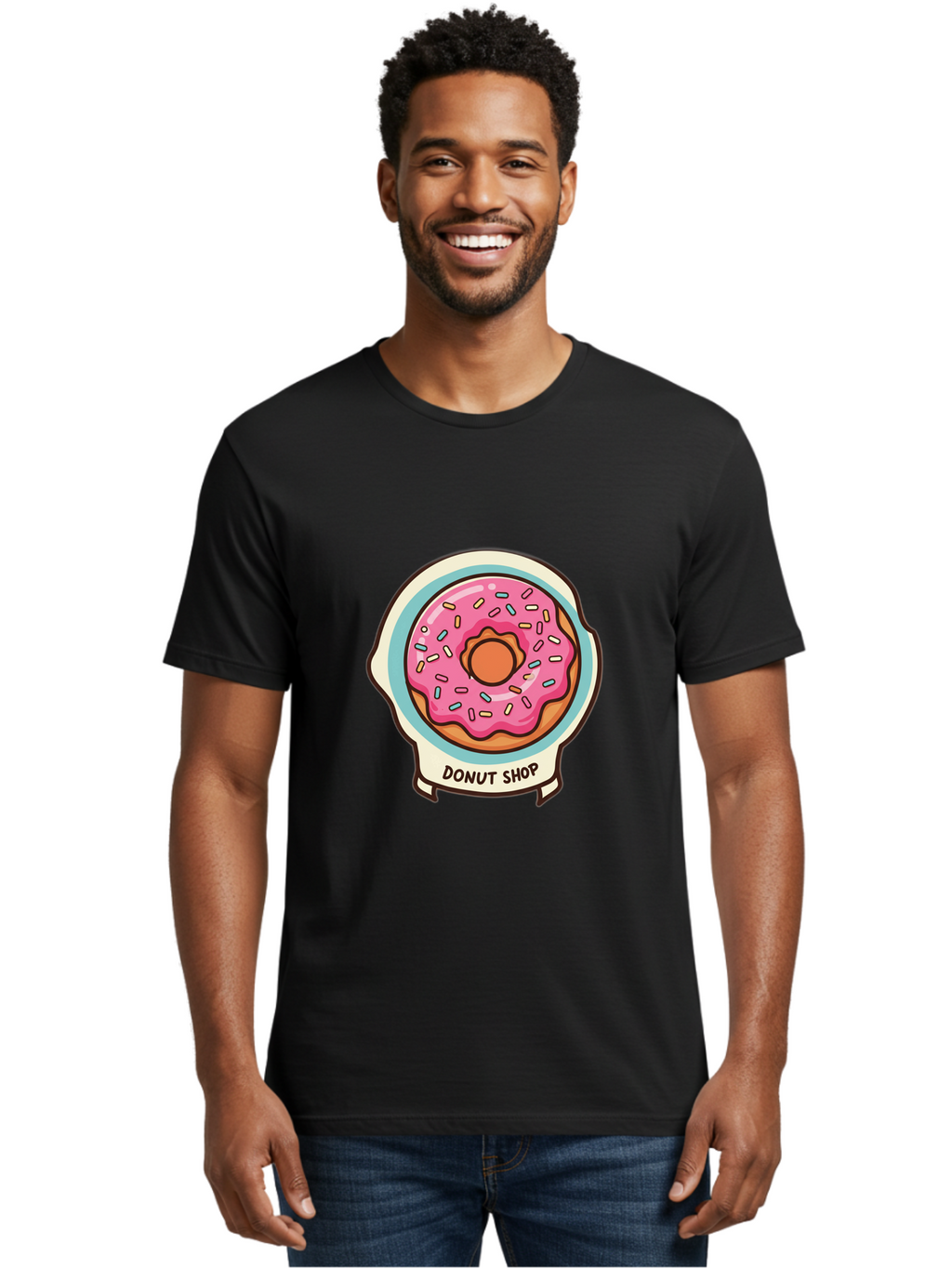 Donut-Shop Men'S Graphic Tee, 100% Cotton, Comfortable Casual Summer Wear, Machine Washable, Donut Shop, Pink Frosted Donut, Sprinkles, Sweet Treats, Baked Goods, Tasty Pastries, Donut Lover, Dessert Shop Baa513