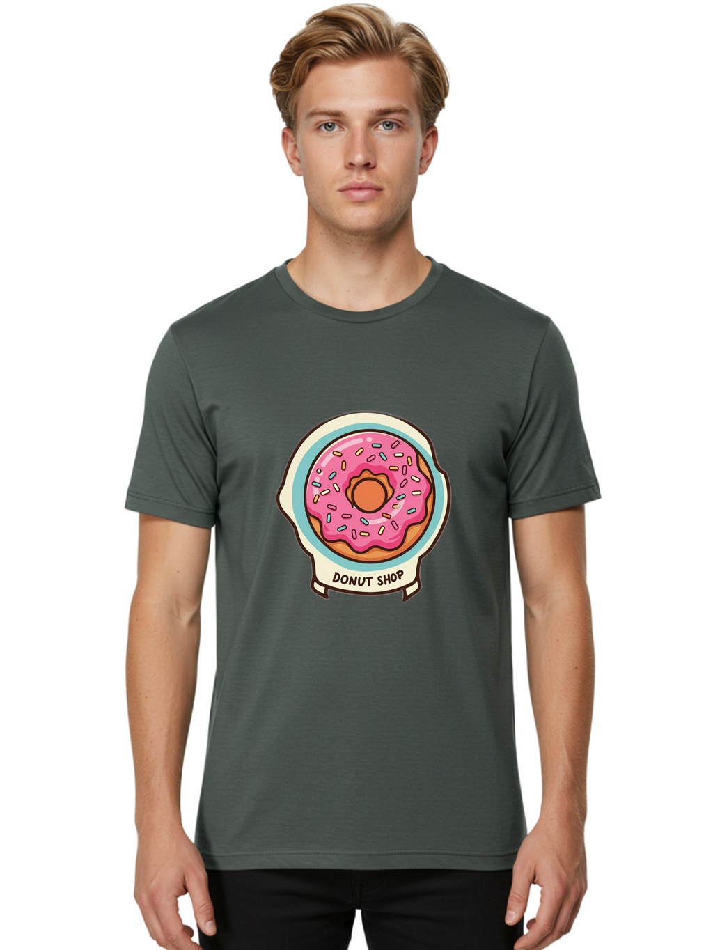 Donut-Shop Men'S Graphic Tee, 100% Cotton, Comfortable Casual Summer Wear, Machine Washable, Donut Shop, Pink Frosted Donut, Sprinkles, Sweet Treats, Baked Goods, Tasty Pastries, Donut Lover, Dessert Shop Baa513