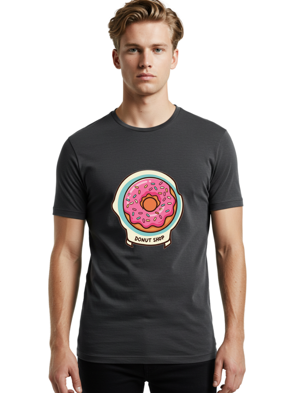 Donut-Shop Men'S Graphic Tee, 100% Cotton, Comfortable Casual Summer Wear, Machine Washable, Donut Shop, Pink Frosted Donut, Sprinkles, Sweet Treats, Baked Goods, Tasty Pastries, Donut Lover, Dessert Shop Baa513
