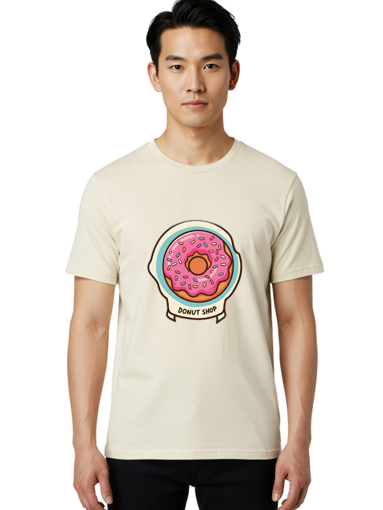 Donut-Shop Men'S Graphic Tee, 100% Cotton, Comfortable Casual Summer Wear, Machine Washable, Donut Shop, Pink Frosted Donut, Sprinkles, Sweet Treats, Baked Goods, Tasty Pastries, Donut Lover, Dessert Shop Baa513