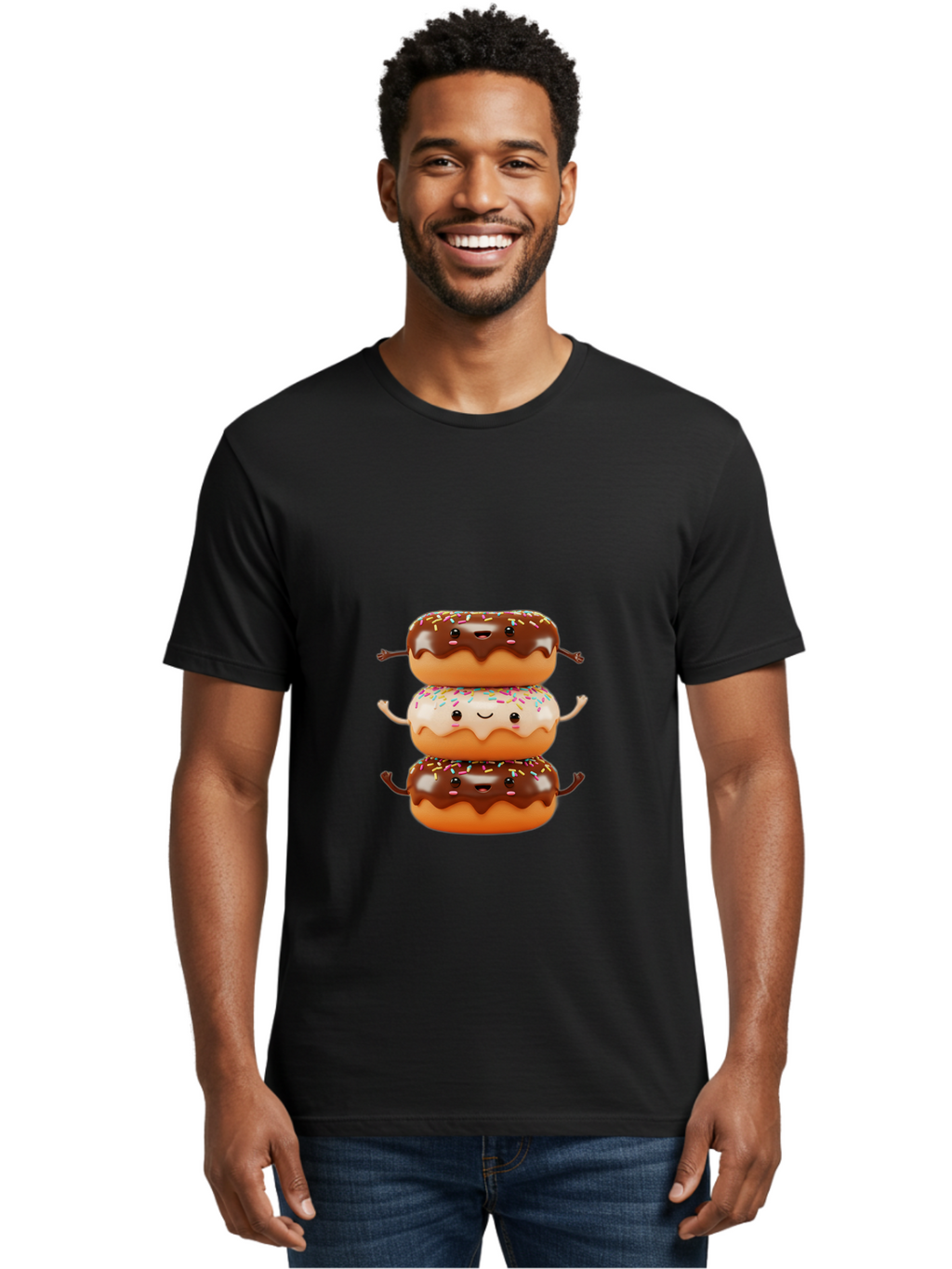 Donut-Stack Men'S Graphic Tee, 100% Cotton, Comfortable Casual Summer Wear, Machine Washable, Stacked Donuts, Chocolate Glazed Donut, Sprinkles Donut, Smiling Faces, Colorful Sweets, Playful Pastries, Sweet Treats, Dessert Lovers, Donut Stack, Baa514