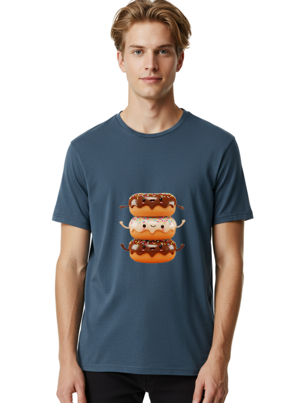 Donut-Stack Men'S Graphic Tee, 100% Cotton, Comfortable Casual Summer Wear, Machine Washable, Stacked Donuts, Chocolate Glazed Donut, Sprinkles Donut, Smiling Faces, Colorful Sweets, Playful Pastries, Sweet Treats, Dessert Lovers, Donut Stack, Baa514