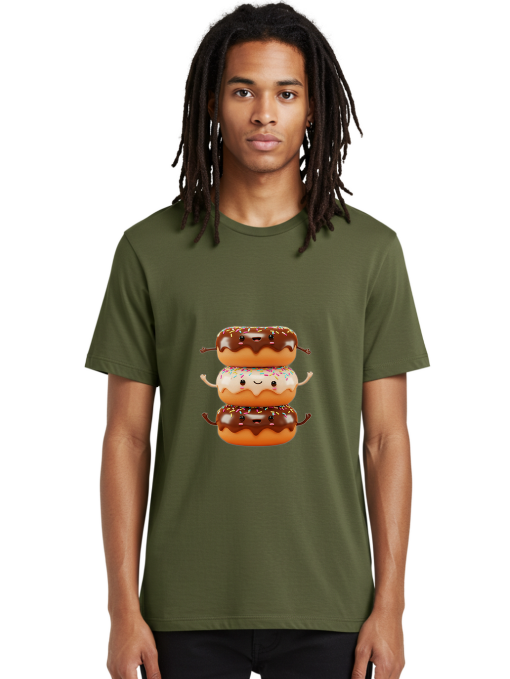 Donut-Stack Men'S Graphic Tee, 100% Cotton, Comfortable Casual Summer Wear, Machine Washable, Stacked Donuts, Chocolate Glazed Donut, Sprinkles Donut, Smiling Faces, Colorful Sweets, Playful Pastries, Sweet Treats, Dessert Lovers, Donut Stack, Baa514