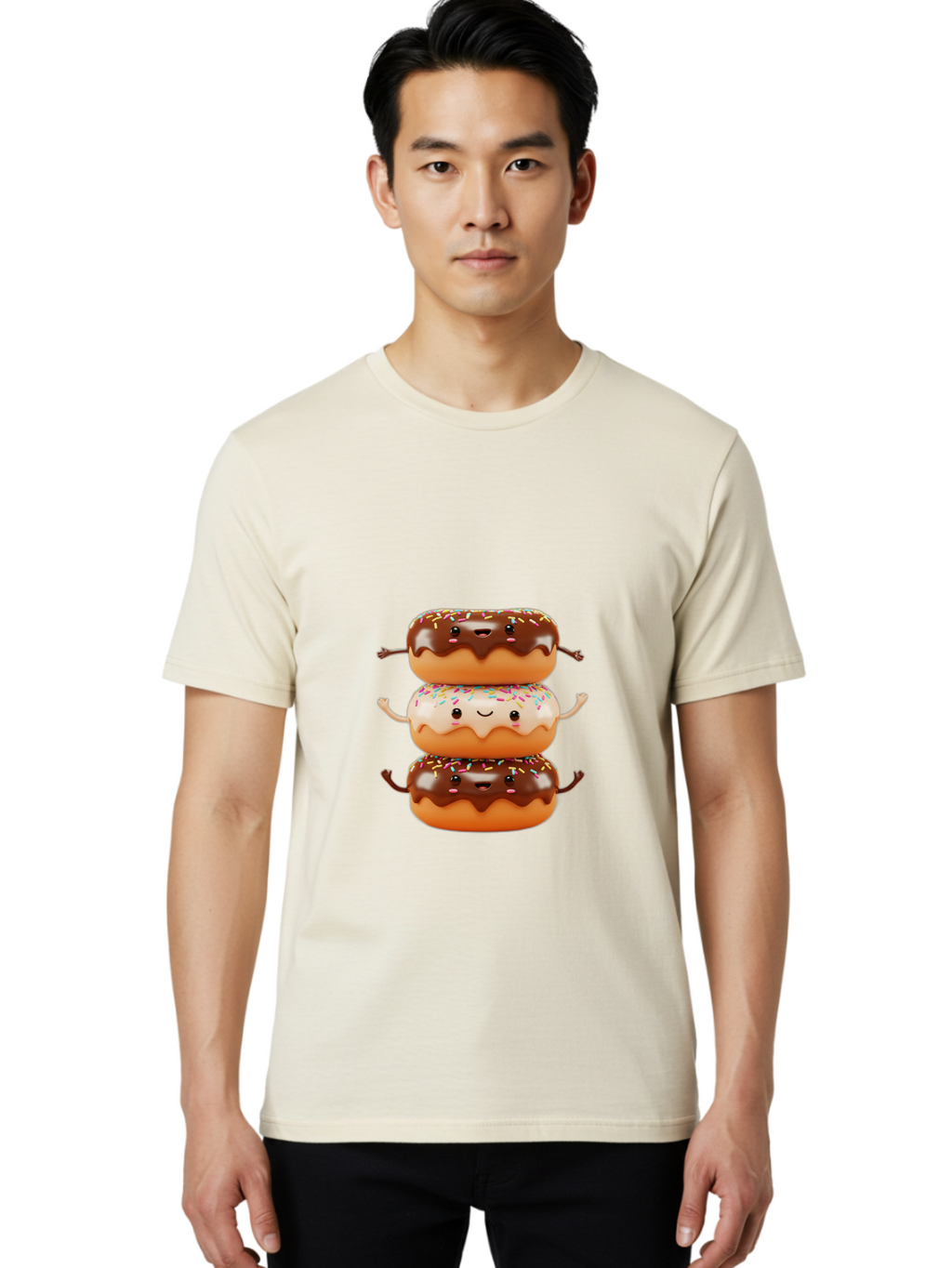 Donut-Stack Men'S Graphic Tee, 100% Cotton, Comfortable Casual Summer Wear, Machine Washable, Stacked Donuts, Chocolate Glazed Donut, Sprinkles Donut, Smiling Faces, Colorful Sweets, Playful Pastries, Sweet Treats, Dessert Lovers, Donut Stack, Baa514