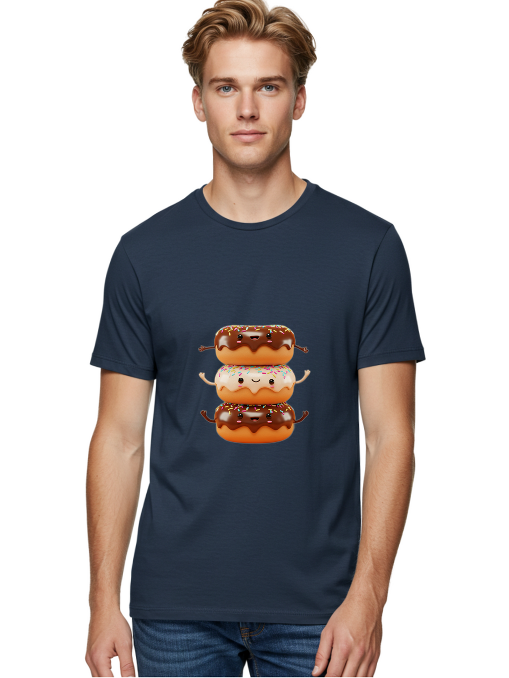 Donut-Stack Men'S Graphic Tee, 100% Cotton, Comfortable Casual Summer Wear, Machine Washable, Stacked Donuts, Chocolate Glazed Donut, Sprinkles Donut, Smiling Faces, Colorful Sweets, Playful Pastries, Sweet Treats, Dessert Lovers, Donut Stack, Baa514