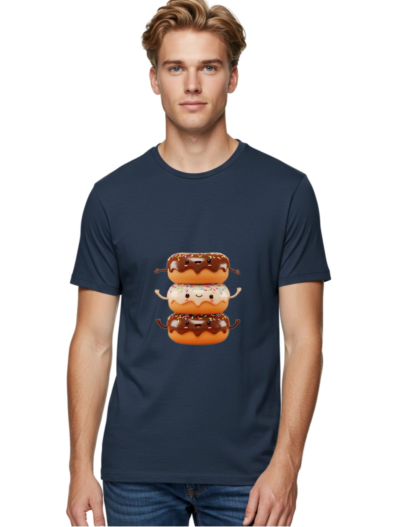 Donut-Stack Men'S Graphic Tee, 100% Cotton, Comfortable Casual Summer Wear, Machine Washable, Stacked Donuts, Chocolate Glazed Donut, Sprinkles Donut, Smiling Faces, Colorful Sweets, Playful Pastries, Sweet Treats, Dessert Lovers, Donut Stack, Baa514