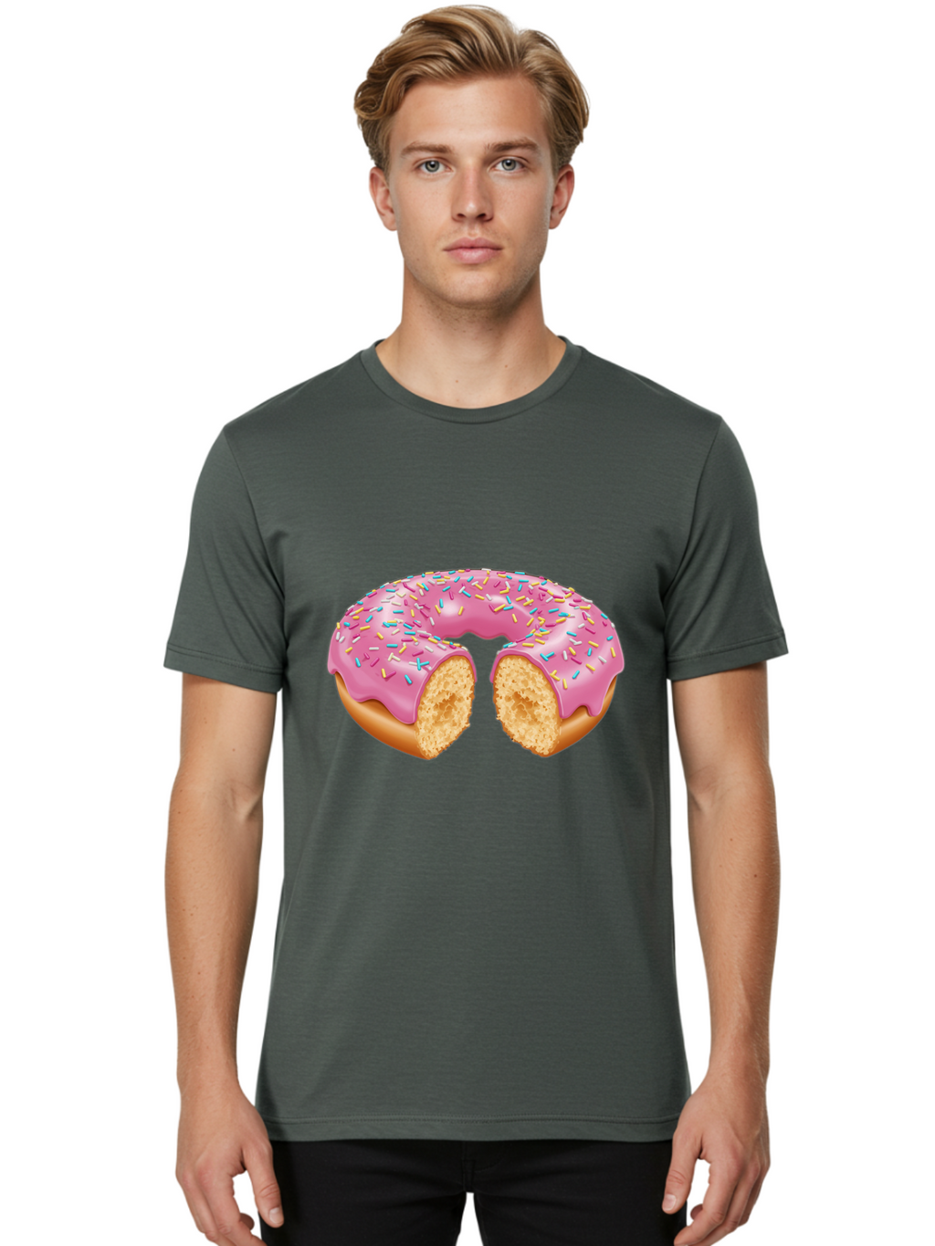 Donut-With-Pink-Frosting-And-Sprinkles-Cut-In-Half Men'S Graphic Tee, 100% Cotton, Comfortable Casual Summer Wear, Machine Washable, Pink Frosted Donut, Donut With Sprinkles, Bitten Donut, Sweet Treats, Dessert, Baked Goods, Tasty Donut, Baa515