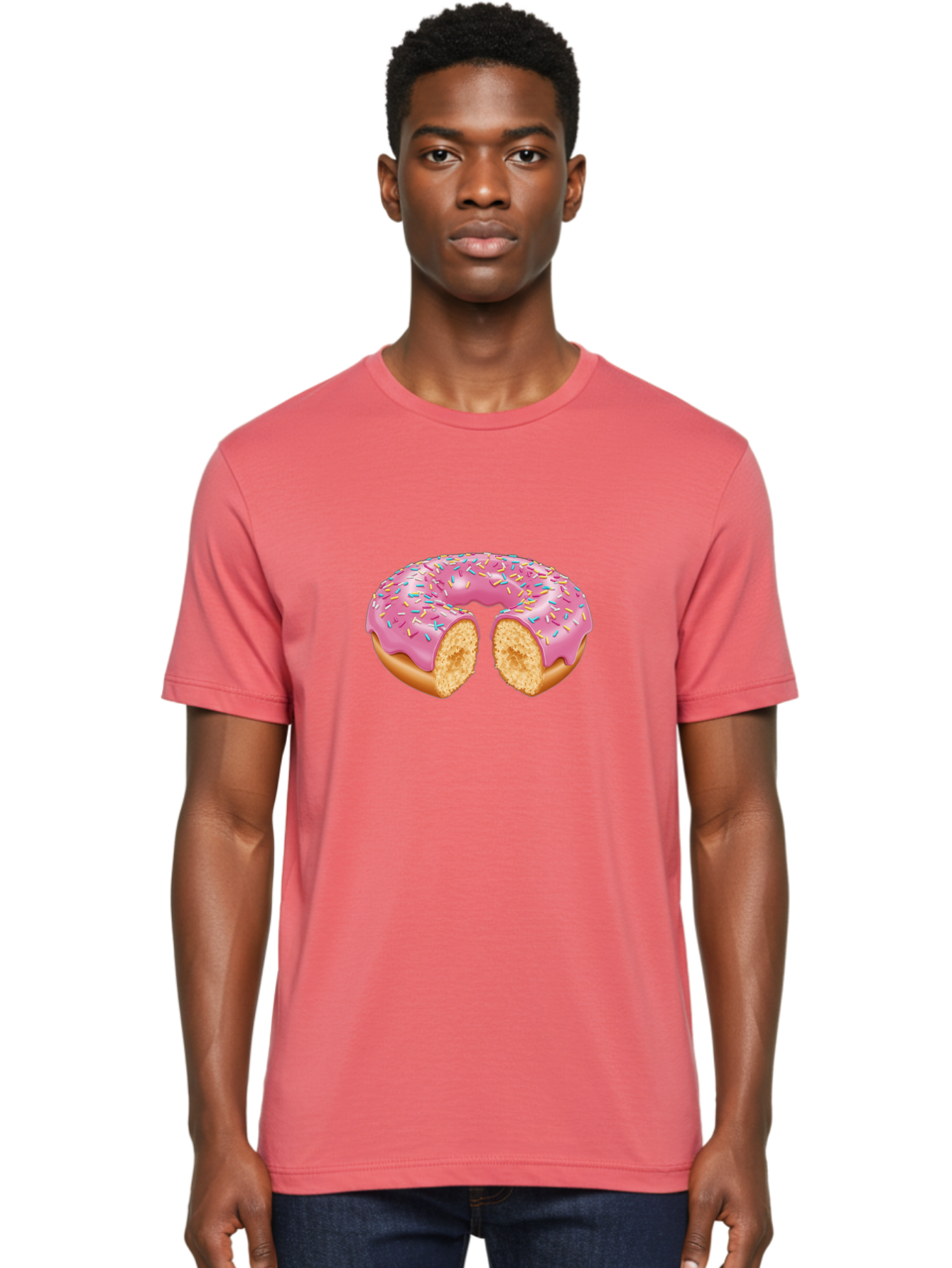 Donut-With-Pink-Frosting-And-Sprinkles-Cut-In-Half Men'S Graphic Tee, 100% Cotton, Comfortable Casual Summer Wear, Machine Washable, Pink Frosted Donut, Donut With Sprinkles, Bitten Donut, Sweet Treats, Dessert, Baked Goods, Tasty Donut, Baa515