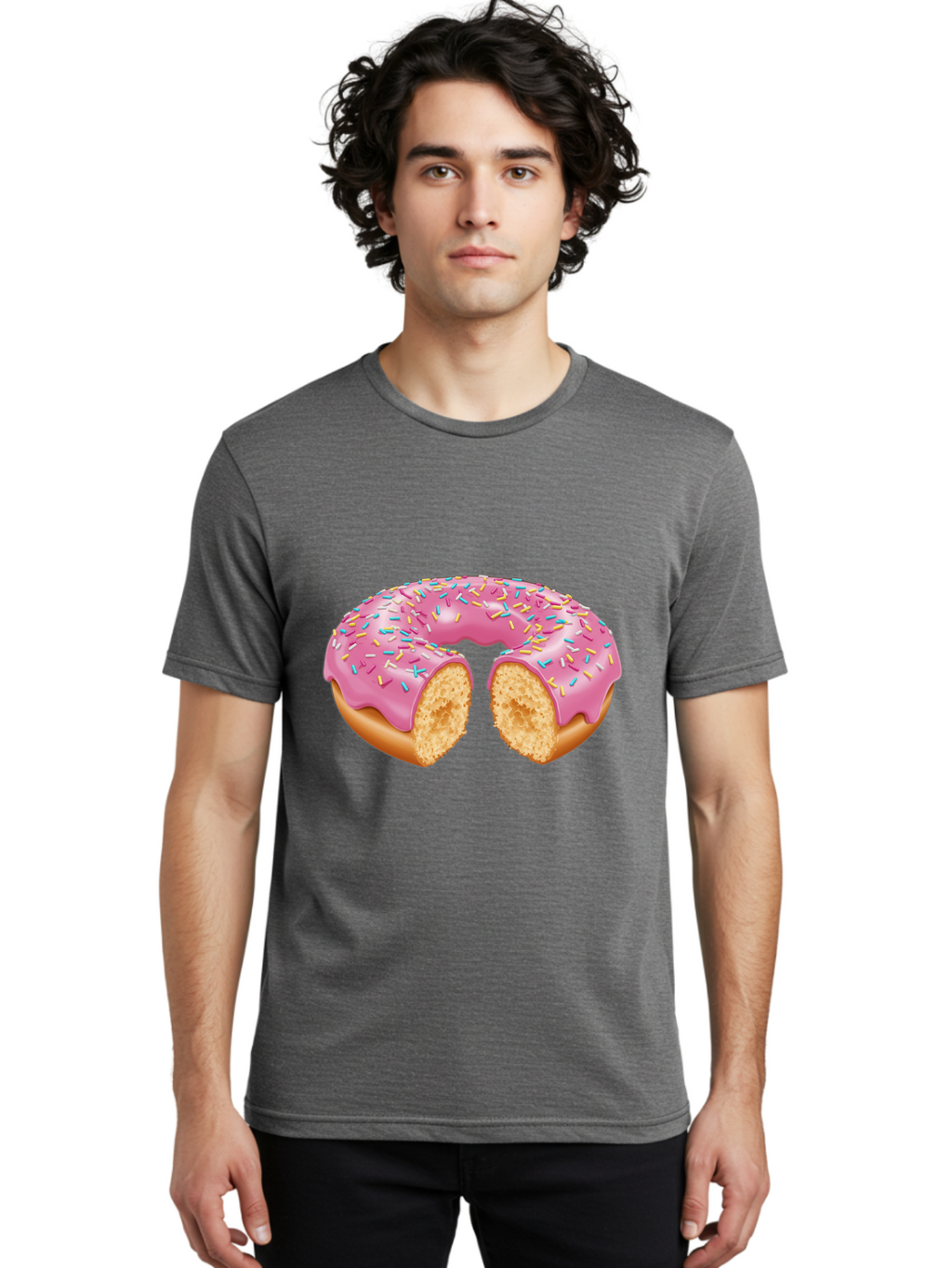 Donut-With-Pink-Frosting-And-Sprinkles-Cut-In-Half Men'S Graphic Tee, 100% Cotton, Comfortable Casual Summer Wear, Machine Washable, Pink Frosted Donut, Donut With Sprinkles, Bitten Donut, Sweet Treats, Dessert, Baked Goods, Tasty Donut, Baa515