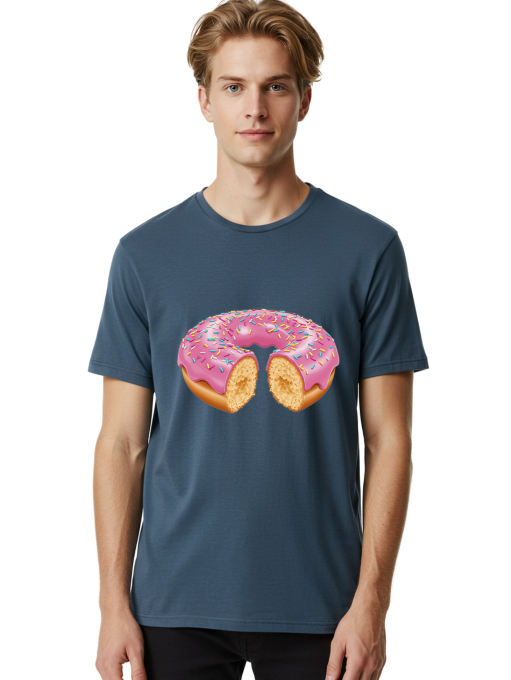 Donut-With-Pink-Frosting-And-Sprinkles-Cut-In-Half Men'S Graphic Tee, 100% Cotton, Comfortable Casual Summer Wear, Machine Washable, Pink Frosted Donut, Donut With Sprinkles, Bitten Donut, Sweet Treats, Dessert, Baked Goods, Tasty Donut, Baa515