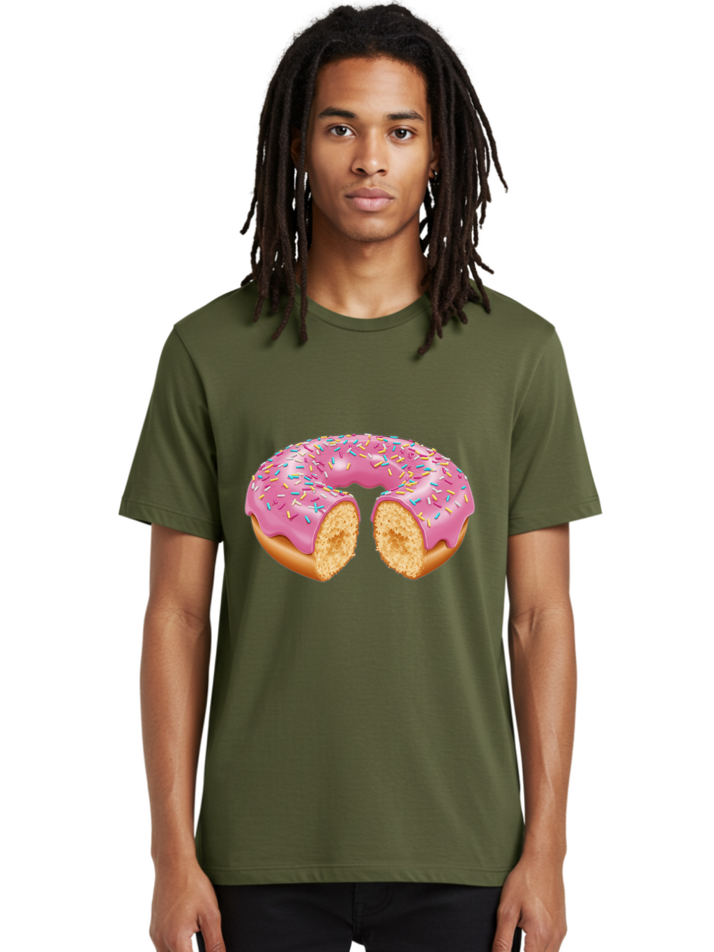 Donut-With-Pink-Frosting-And-Sprinkles-Cut-In-Half Men'S Graphic Tee, 100% Cotton, Comfortable Casual Summer Wear, Machine Washable, Pink Frosted Donut, Donut With Sprinkles, Bitten Donut, Sweet Treats, Dessert, Baked Goods, Tasty Donut, Baa515