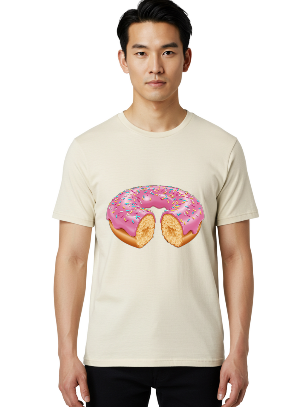 Donut-With-Pink-Frosting-And-Sprinkles-Cut-In-Half Men'S Graphic Tee, 100% Cotton, Comfortable Casual Summer Wear, Machine Washable, Pink Frosted Donut, Donut With Sprinkles, Bitten Donut, Sweet Treats, Dessert, Baked Goods, Tasty Donut, Baa515