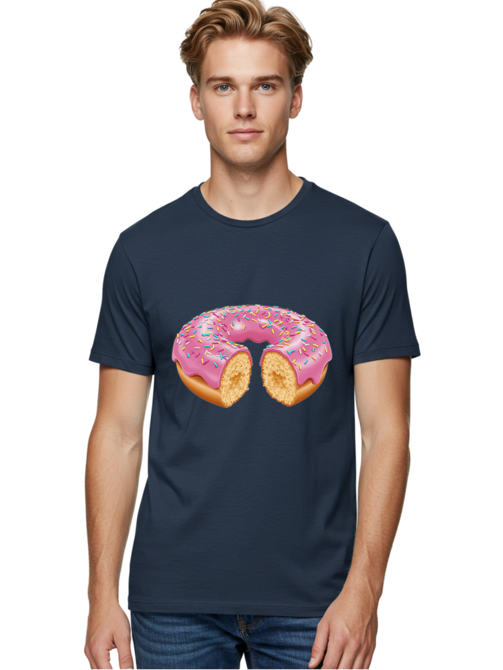 Donut-With-Pink-Frosting-And-Sprinkles-Cut-In-Half Men'S Graphic Tee, 100% Cotton, Comfortable Casual Summer Wear, Machine Washable, Pink Frosted Donut, Donut With Sprinkles, Bitten Donut, Sweet Treats, Dessert, Baked Goods, Tasty Donut, Baa515