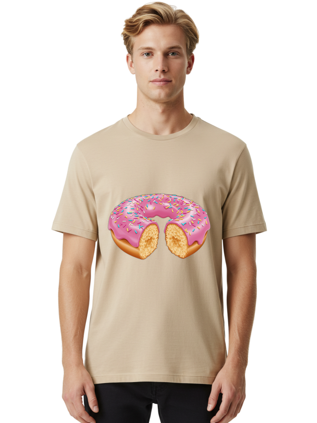 Donut-With-Pink-Frosting-And-Sprinkles-Cut-In-Half Men'S Graphic Tee, 100% Cotton, Comfortable Casual Summer Wear, Machine Washable, Pink Frosted Donut, Donut With Sprinkles, Bitten Donut, Sweet Treats, Dessert, Baked Goods, Tasty Donut, Baa515
