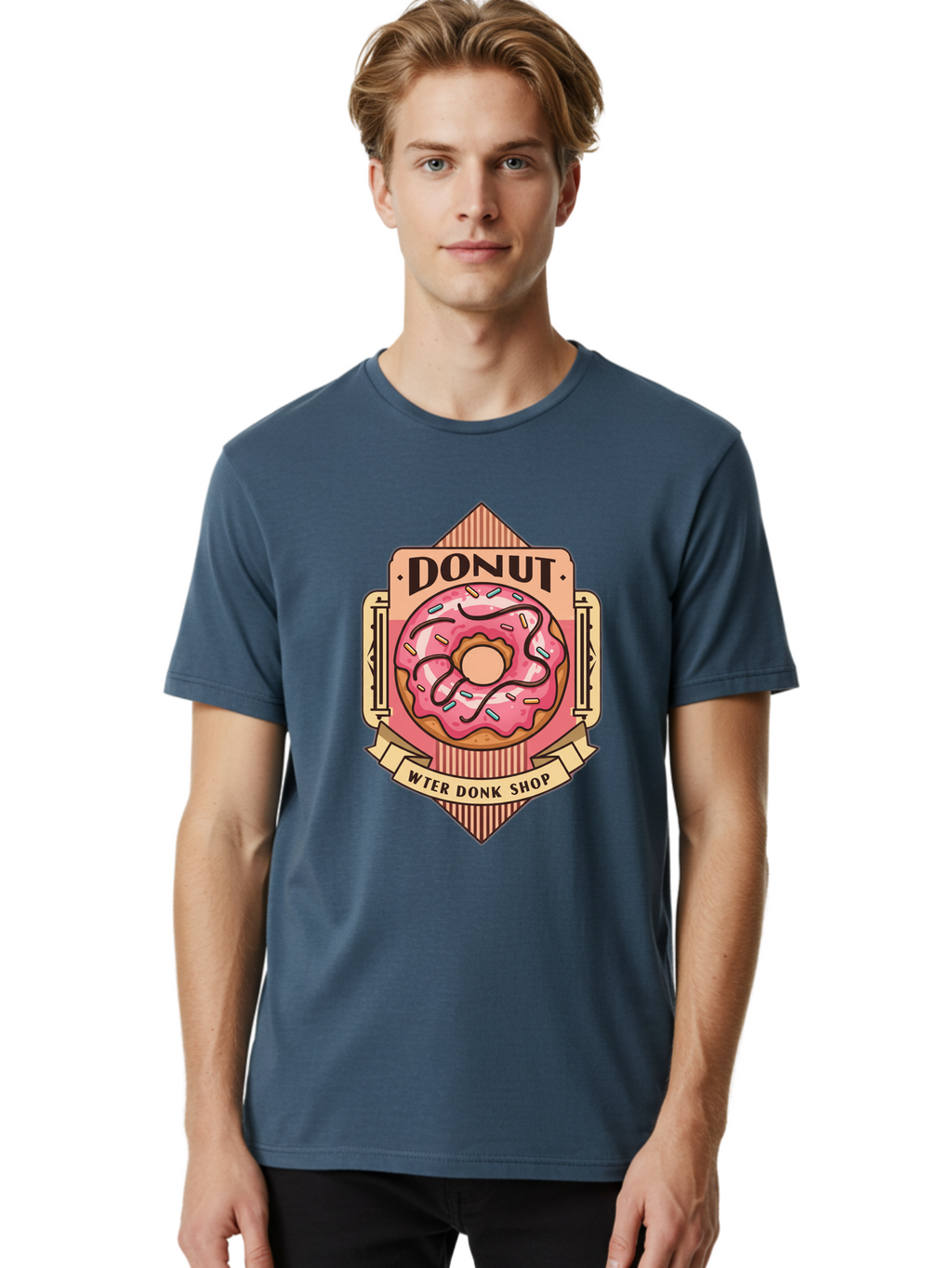 Donut-Wter-Donk-Shop Men'S Graphic Tee, 100% Cotton, Comfortable Casual Summer Wear, Machine Washable, Vintage Donut Illustration, Retro Donut Shop Signage, Sweet Treats, Dessert Lovers, Tasty Donuts, Donut Shop Branding, Classic Donut Design, Baa517