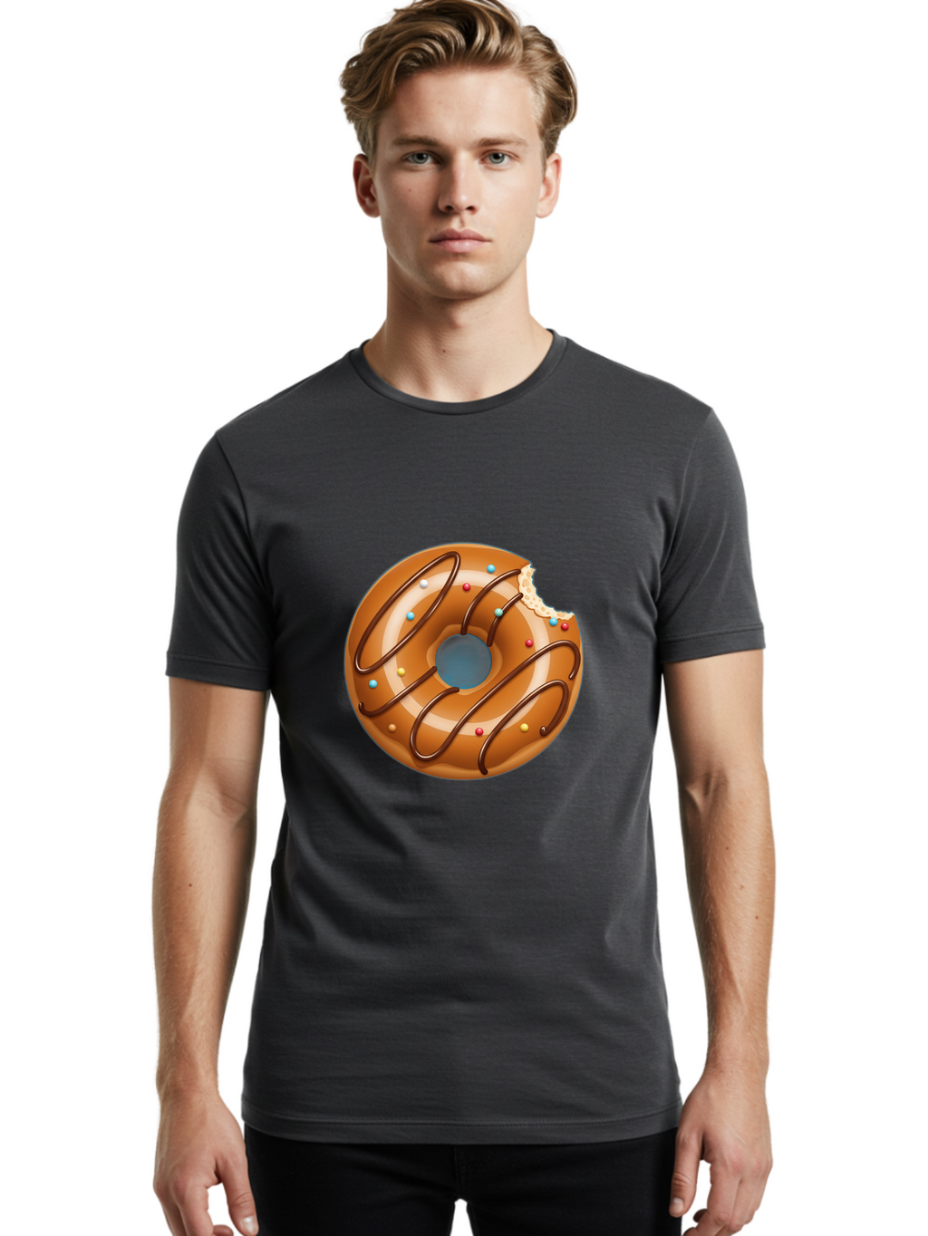 Donut Men'S Graphic Tee, 100% Cotton, Comfortable Casual Summer Wear, Machine Washable, Chocolate Donut, Donut With Glaze, Donut With Sprinkles, Chocolate Drizzle, Sweet Treat, Dessert, Tasty Pastry, Colorful Donut, Donut With Bite Taken, Baa518