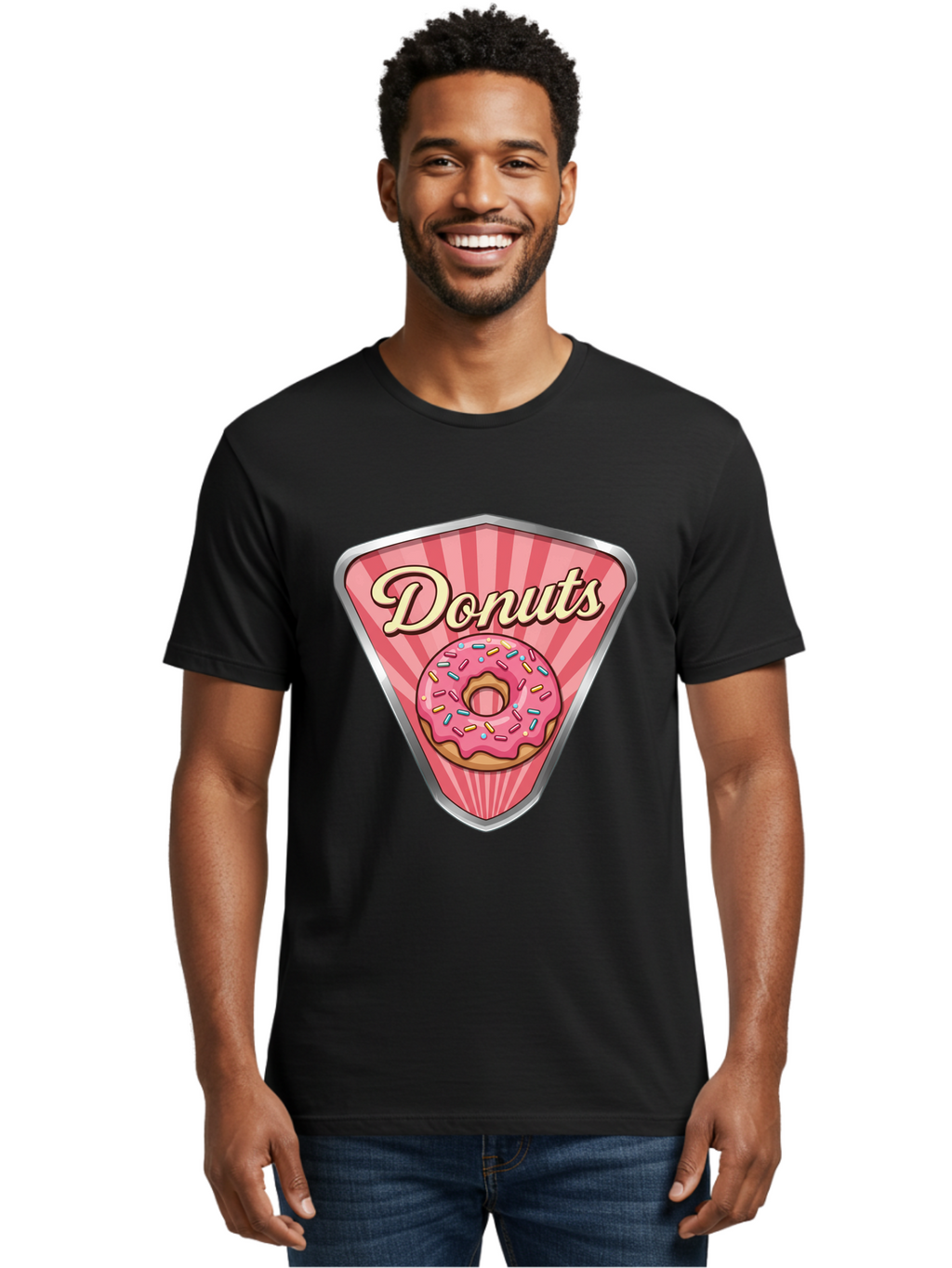 Donuts-1 Men'S Graphic Tee, 100% Cotton, Comfortable Casual Summer Wear, Machine Washable, Pink Frosted Donut, Colorful Sprinkles, Sweet Treats, Dessert Shop, Bakery Logo, Tasty Donuts, Donut Illustration, Pink Stripes, Silver Border, Baa519