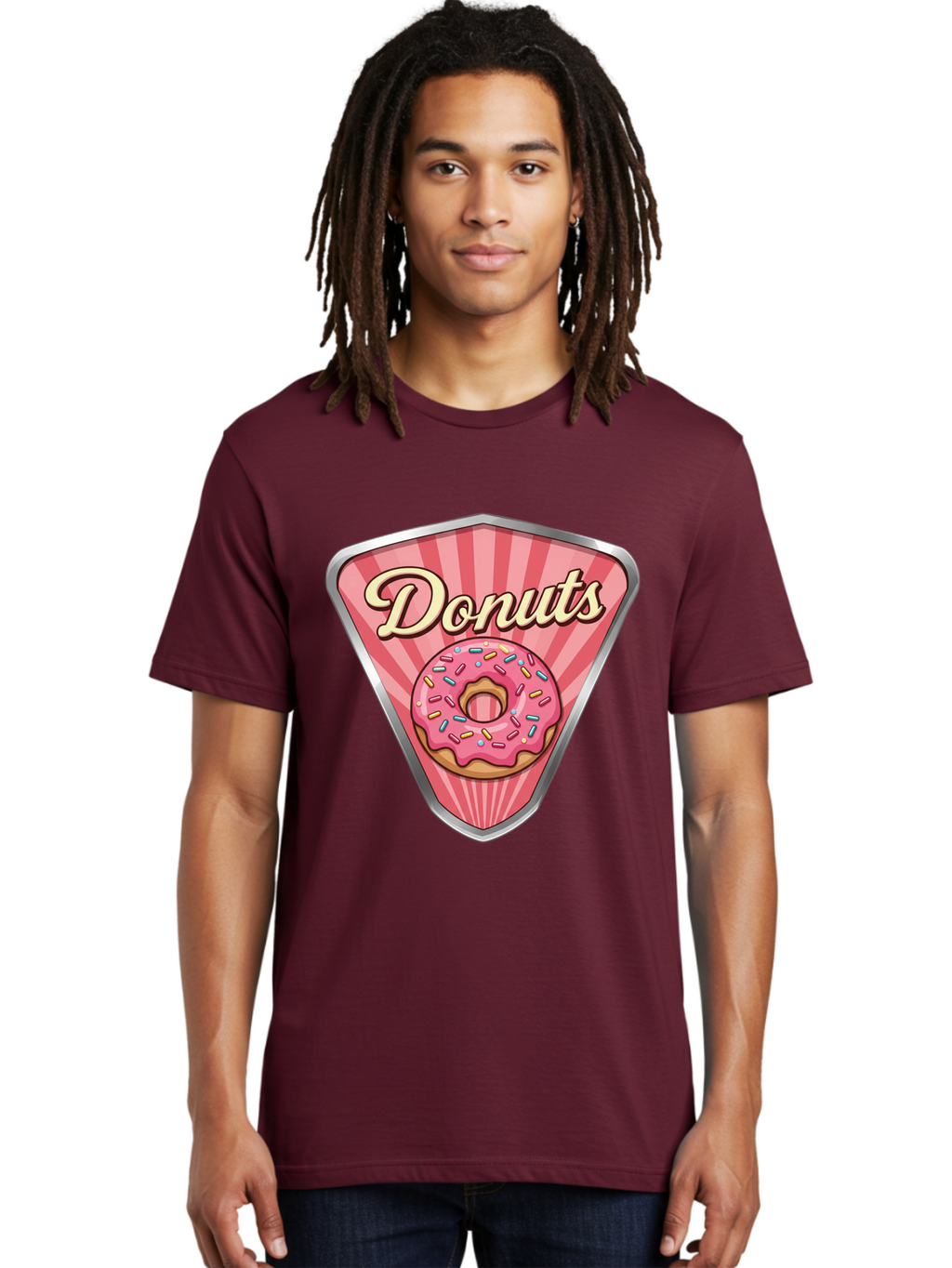 Donuts-1 Men'S Graphic Tee, 100% Cotton, Comfortable Casual Summer Wear, Machine Washable, Pink Frosted Donut, Colorful Sprinkles, Sweet Treats, Dessert Shop, Bakery Logo, Tasty Donuts, Donut Illustration, Pink Stripes, Silver Border, Baa519