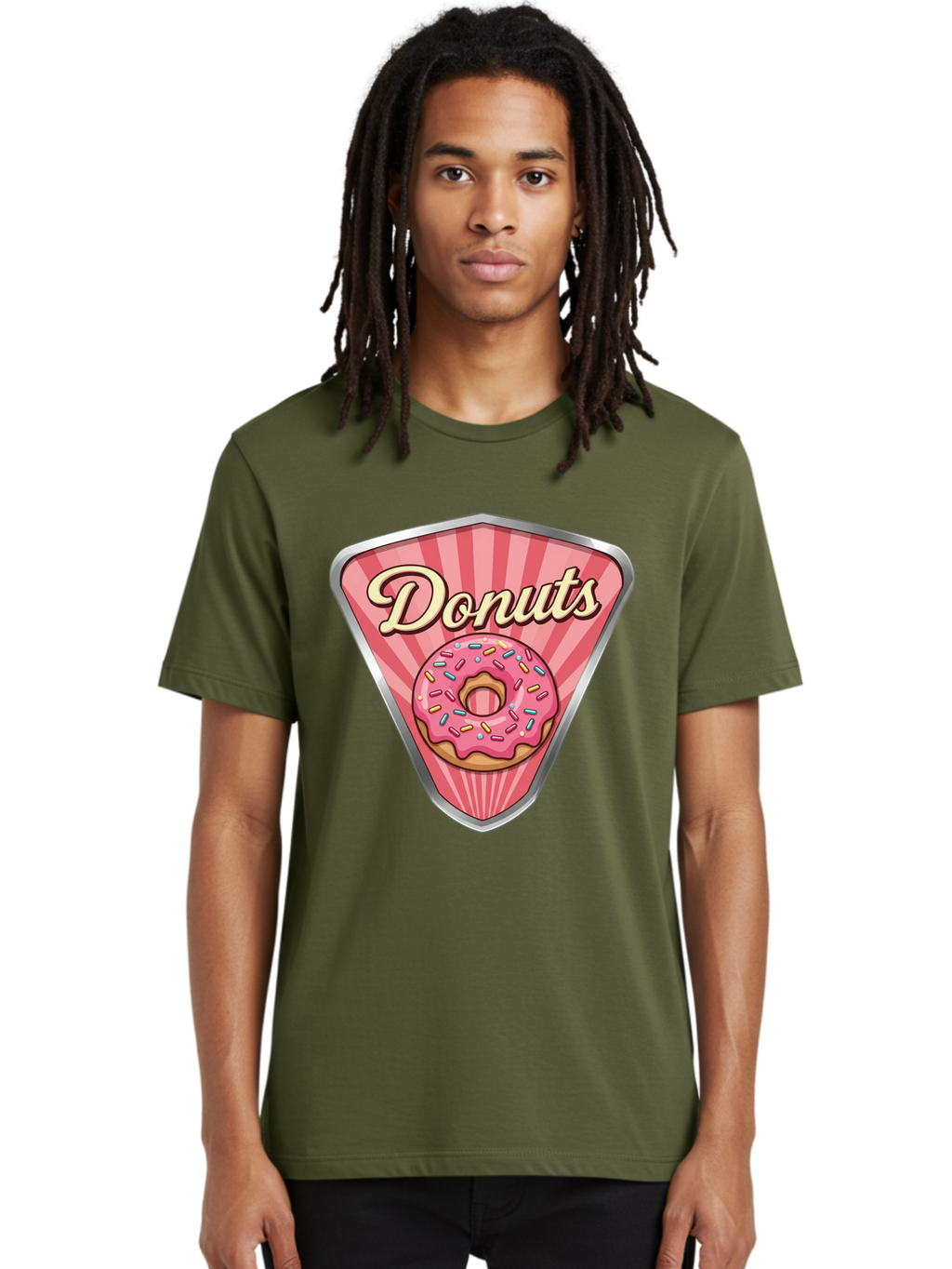 Donuts-1 Men'S Graphic Tee, 100% Cotton, Comfortable Casual Summer Wear, Machine Washable, Pink Frosted Donut, Colorful Sprinkles, Sweet Treats, Dessert Shop, Bakery Logo, Tasty Donuts, Donut Illustration, Pink Stripes, Silver Border, Baa519