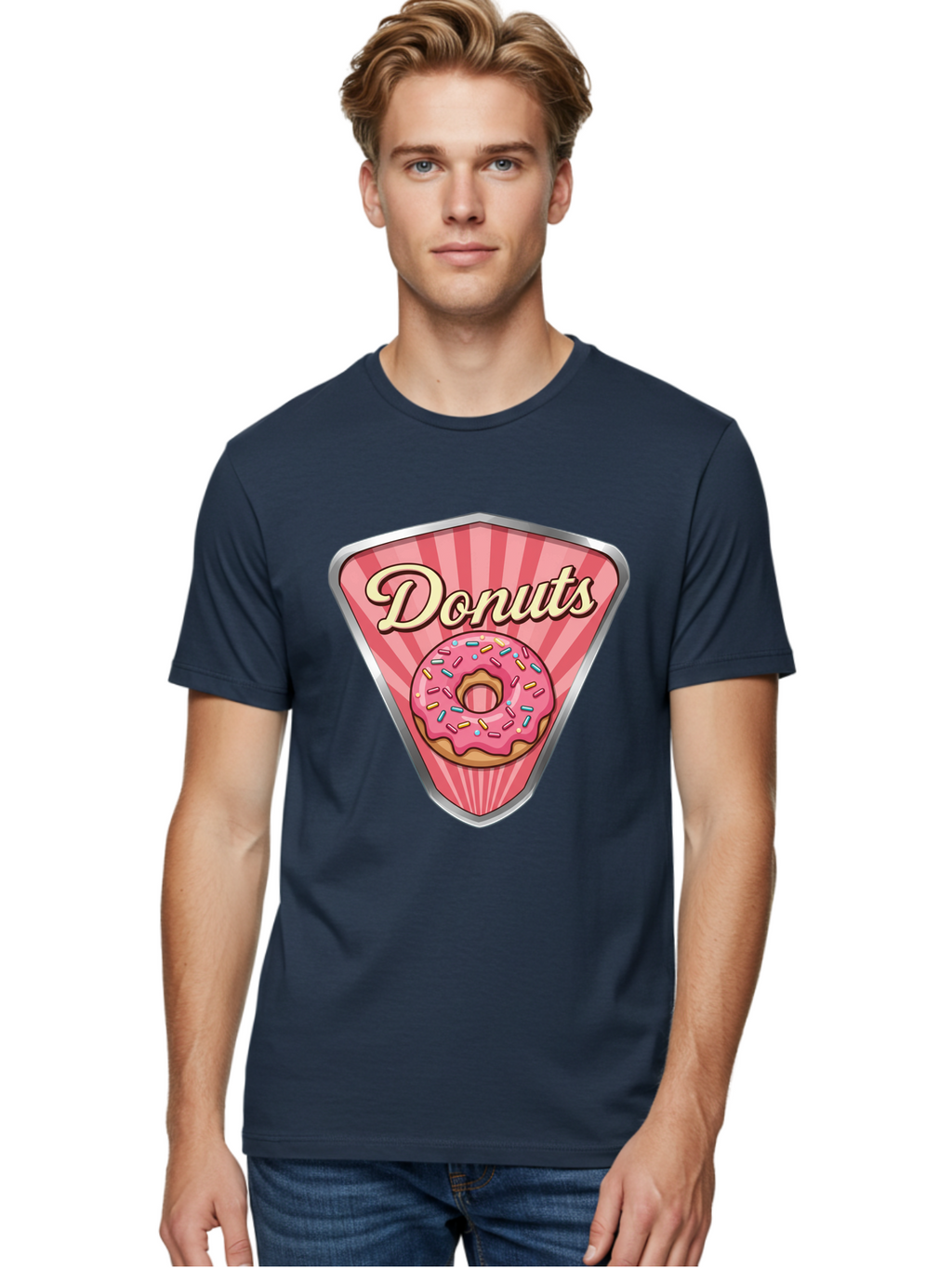 Donuts-1 Men'S Graphic Tee, 100% Cotton, Comfortable Casual Summer Wear, Machine Washable, Pink Frosted Donut, Colorful Sprinkles, Sweet Treats, Dessert Shop, Bakery Logo, Tasty Donuts, Donut Illustration, Pink Stripes, Silver Border, Baa519