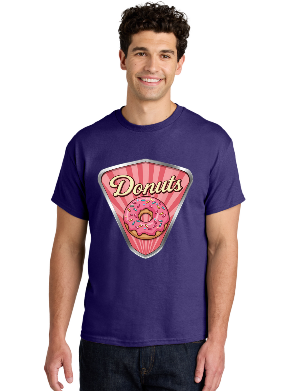 Donuts-1 Men'S Graphic Tee, 100% Cotton, Comfortable Casual Summer Wear, Machine Washable, Pink Frosted Donut, Colorful Sprinkles, Sweet Treats, Dessert Shop, Bakery Logo, Tasty Donuts, Donut Illustration, Pink Stripes, Silver Border, Baa519