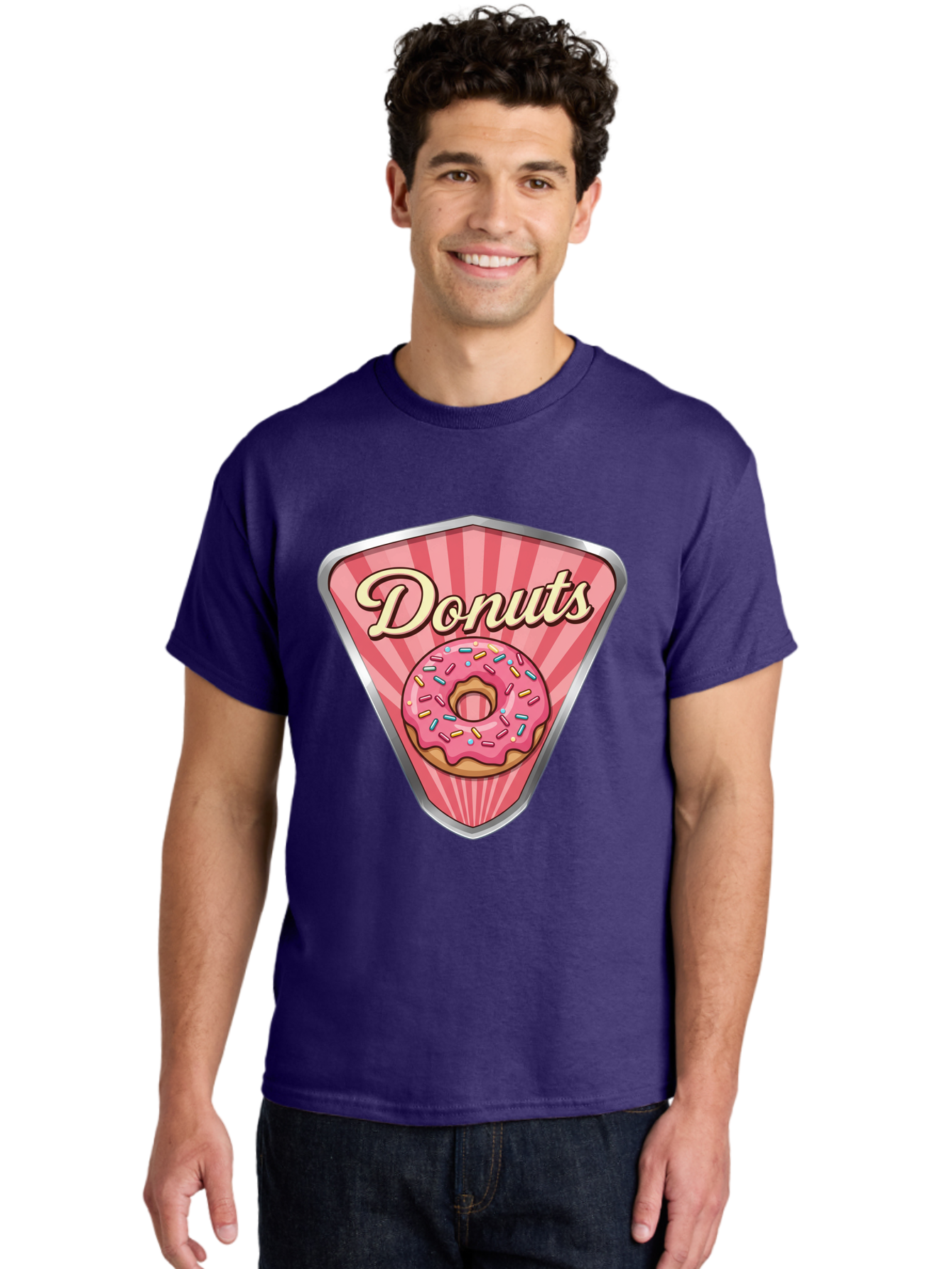 Donuts-1 Men'S Graphic Tee, 100% Cotton, Comfortable Casual Summer Wear, Machine Washable, Pink Frosted Donut, Colorful Sprinkles, Sweet Treats, Dessert Shop, Bakery Logo, Tasty Donuts, Donut Illustration, Pink Stripes, Silver Border, Baa519