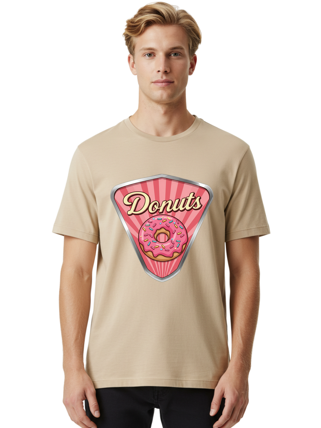 Donuts-1 Men'S Graphic Tee, 100% Cotton, Comfortable Casual Summer Wear, Machine Washable, Pink Frosted Donut, Colorful Sprinkles, Sweet Treats, Dessert Shop, Bakery Logo, Tasty Donuts, Donut Illustration, Pink Stripes, Silver Border, Baa519