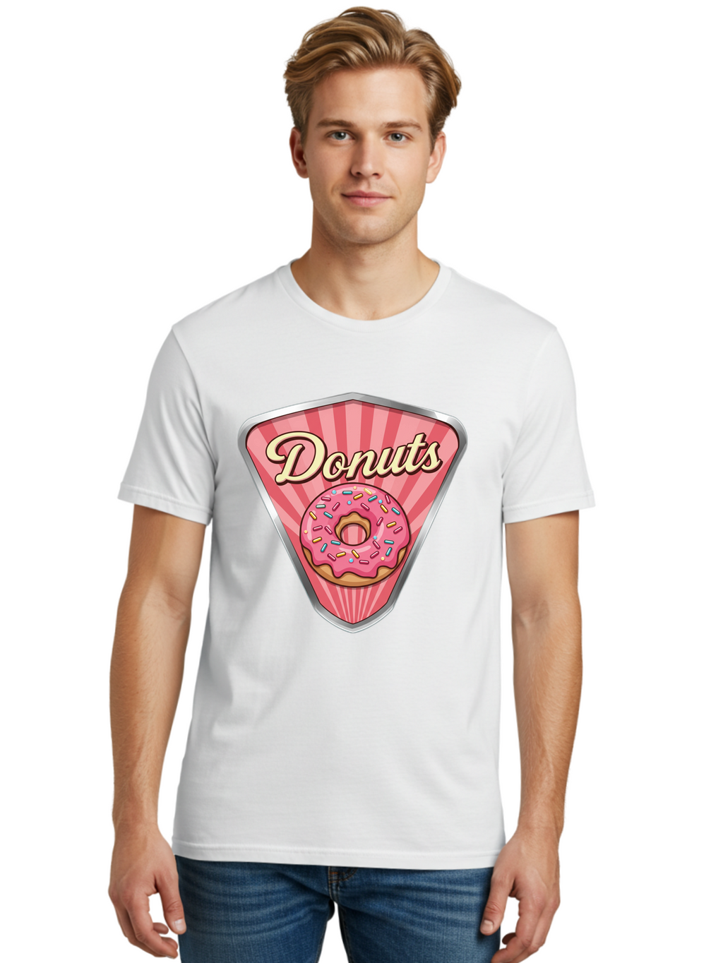 Donuts-1 Men'S Graphic Tee, 100% Cotton, Comfortable Casual Summer Wear, Machine Washable, Pink Frosted Donut, Colorful Sprinkles, Sweet Treats, Dessert Shop, Bakery Logo, Tasty Donuts, Donut Illustration, Pink Stripes, Silver Border, Baa519