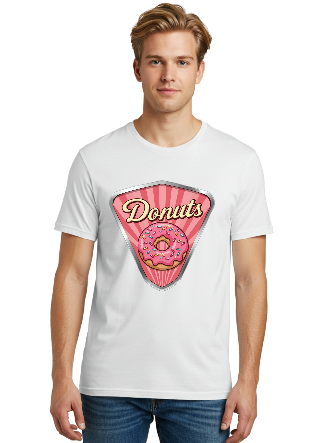 Donuts-1 Men'S Graphic Tee, 100% Cotton, Comfortable Casual Summer Wear, Machine Washable, Pink Frosted Donut, Colorful Sprinkles, Sweet Treats, Dessert Shop, Bakery Logo, Tasty Donuts, Donut Illustration, Pink Stripes, Silver Border, Baa519