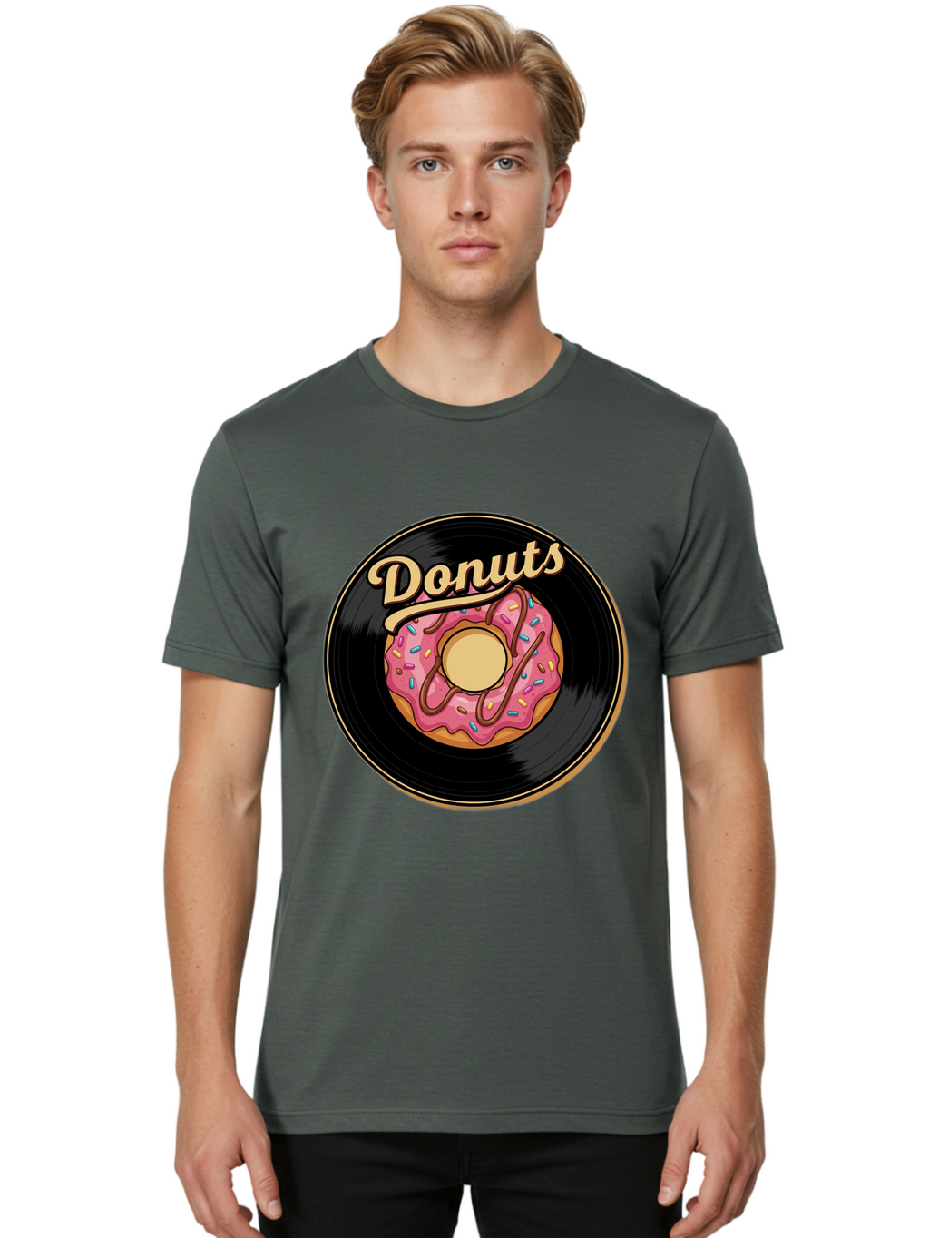 Donuts-3 Men'S Graphic Tee, 100% Cotton, Comfortable Casual Summer Wear, Machine Washable, Donut On Vinyl Record, Pink Donut With Sprinkles, Chocolate Drizzle, Sweet Treat, Retro Design, Donut Love, Vinyl Record Art, Donut Illustration Baa521