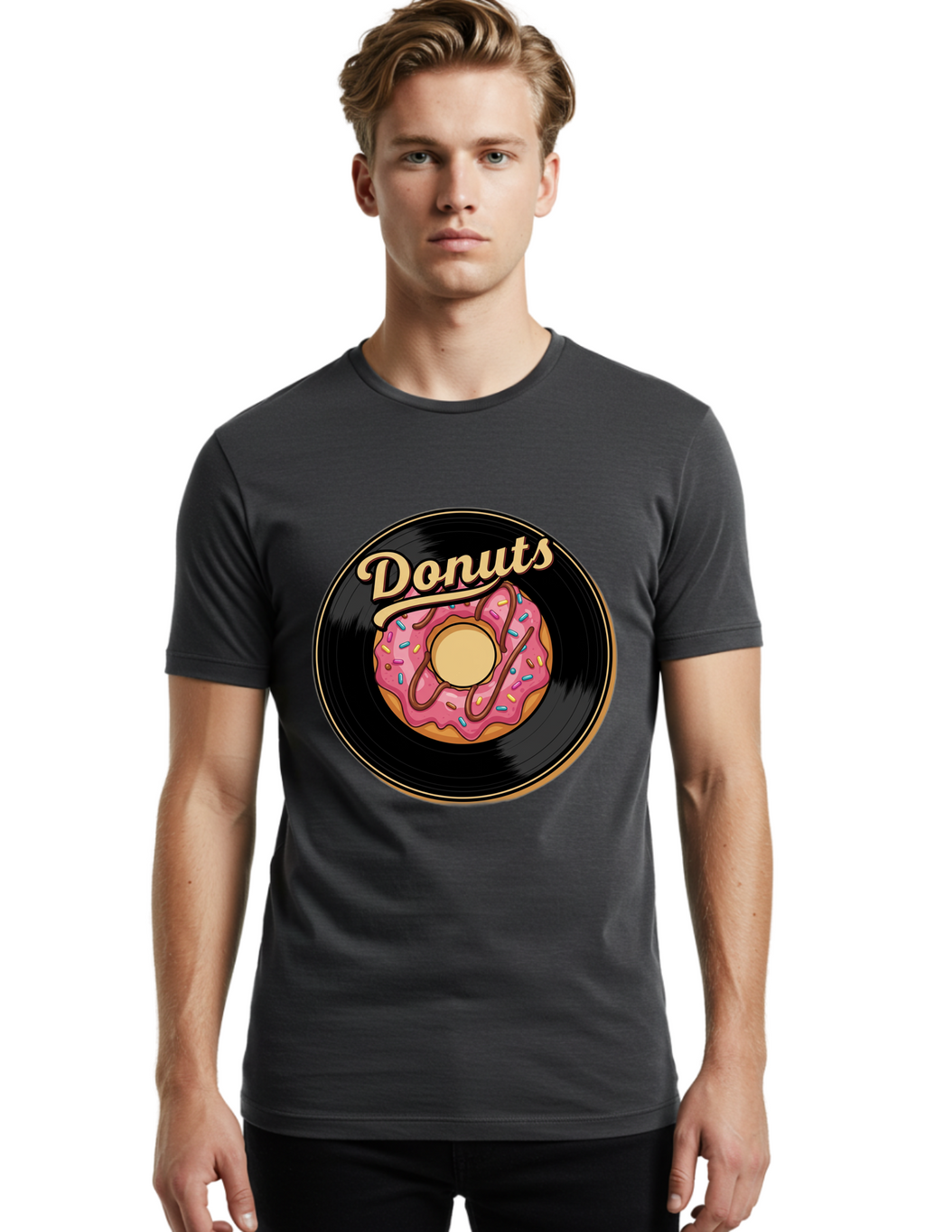 Donuts-3 Men'S Graphic Tee, 100% Cotton, Comfortable Casual Summer Wear, Machine Washable, Donut On Vinyl Record, Pink Donut With Sprinkles, Chocolate Drizzle, Sweet Treat, Retro Design, Donut Love, Vinyl Record Art, Donut Illustration Baa521