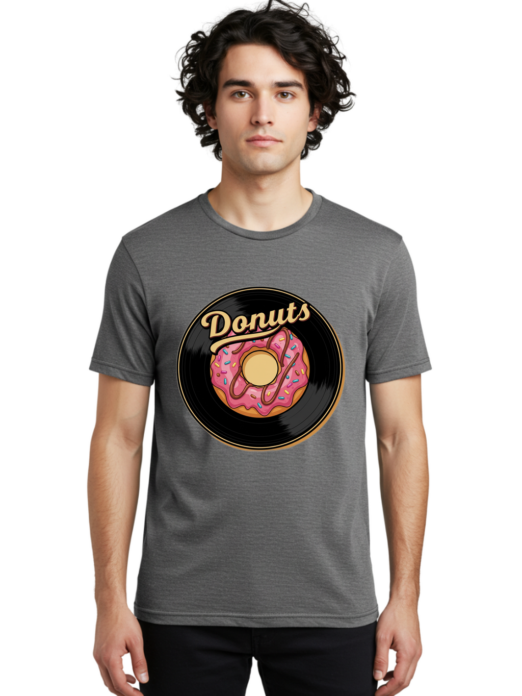 Donuts-3 Men'S Graphic Tee, 100% Cotton, Comfortable Casual Summer Wear, Machine Washable, Donut On Vinyl Record, Pink Donut With Sprinkles, Chocolate Drizzle, Sweet Treat, Retro Design, Donut Love, Vinyl Record Art, Donut Illustration Baa521